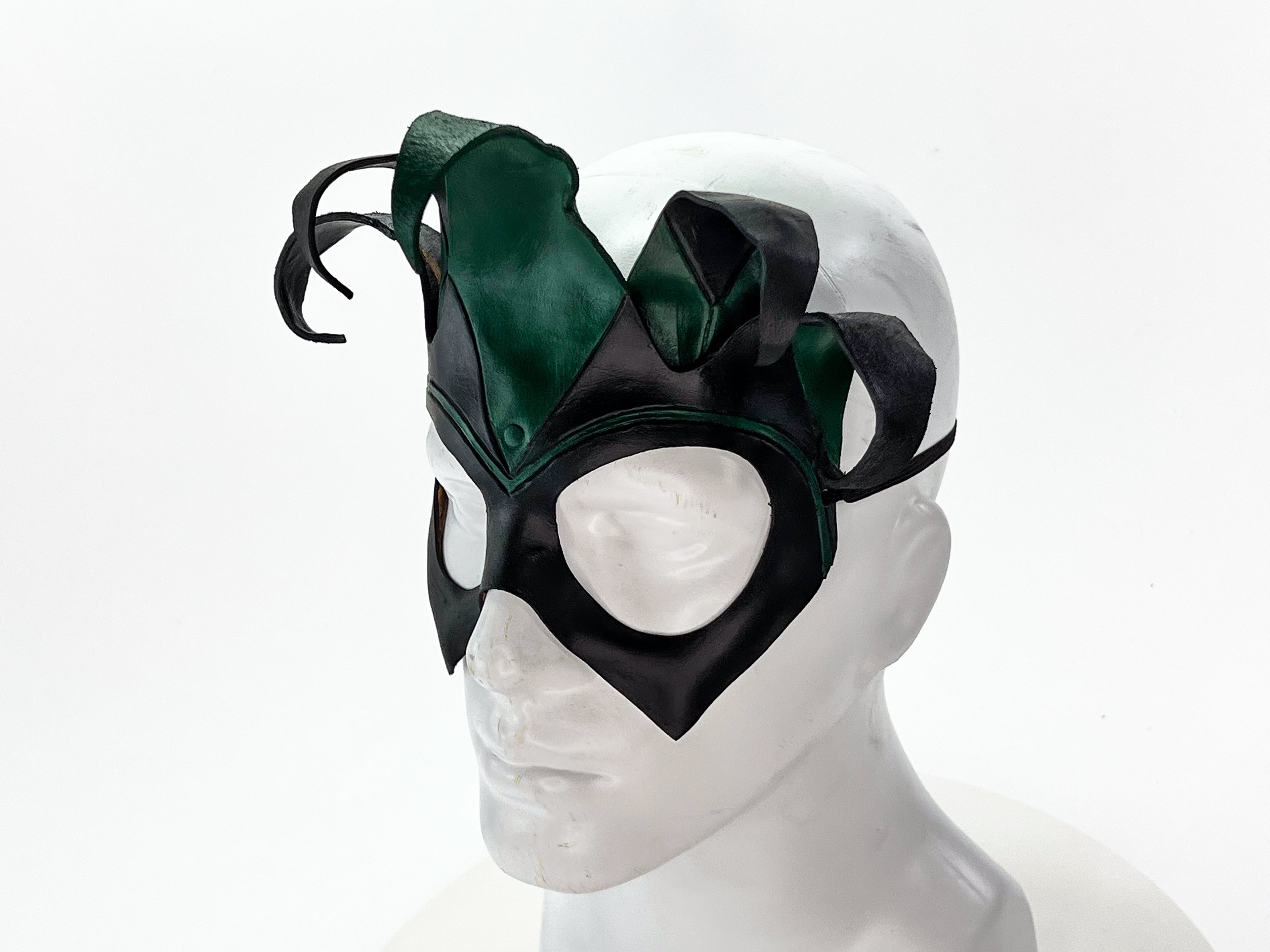 Handmade Genuine Leather Five Point Jester Mask in Green and Black No Bells Rockwell Masks