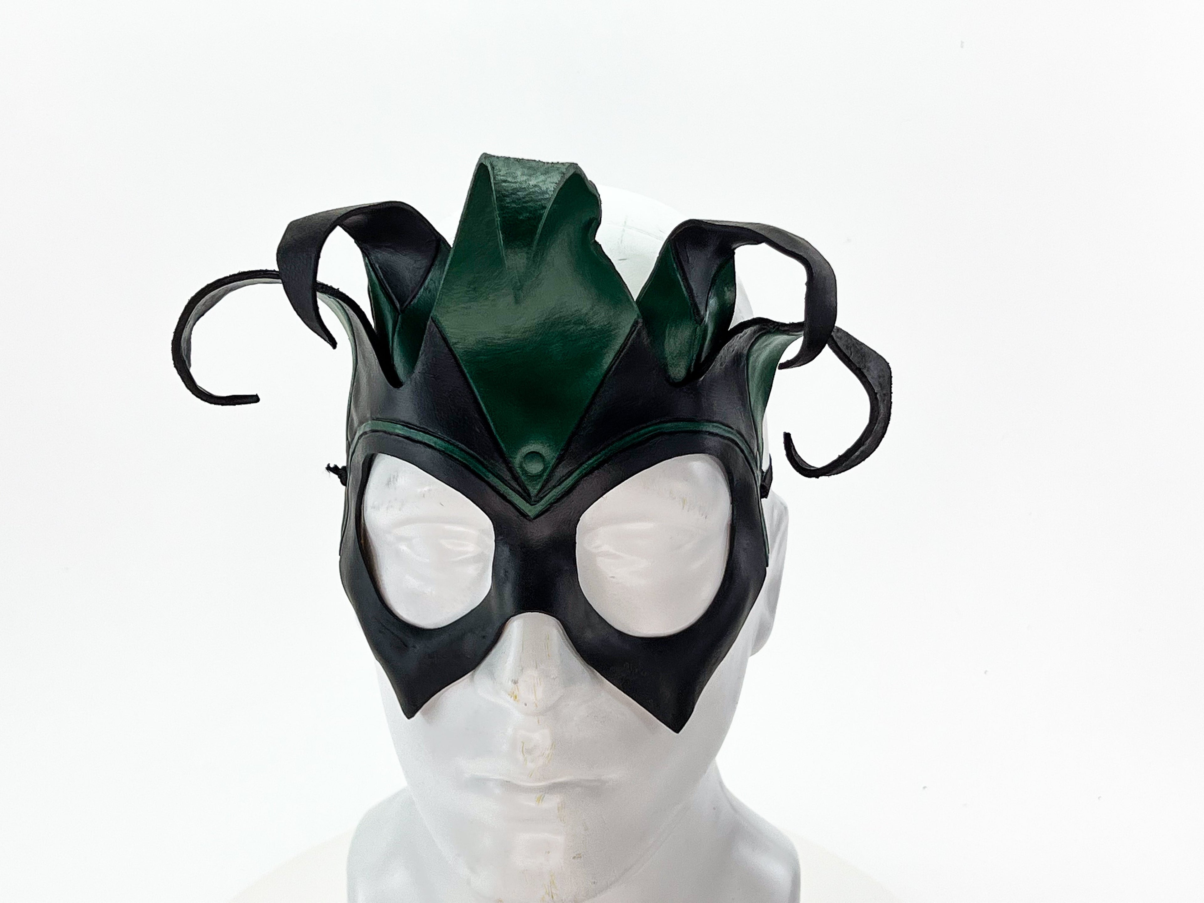 Handmade Genuine Leather Five Point Jester Mask in Green and Black No Bells Rockwell Masks