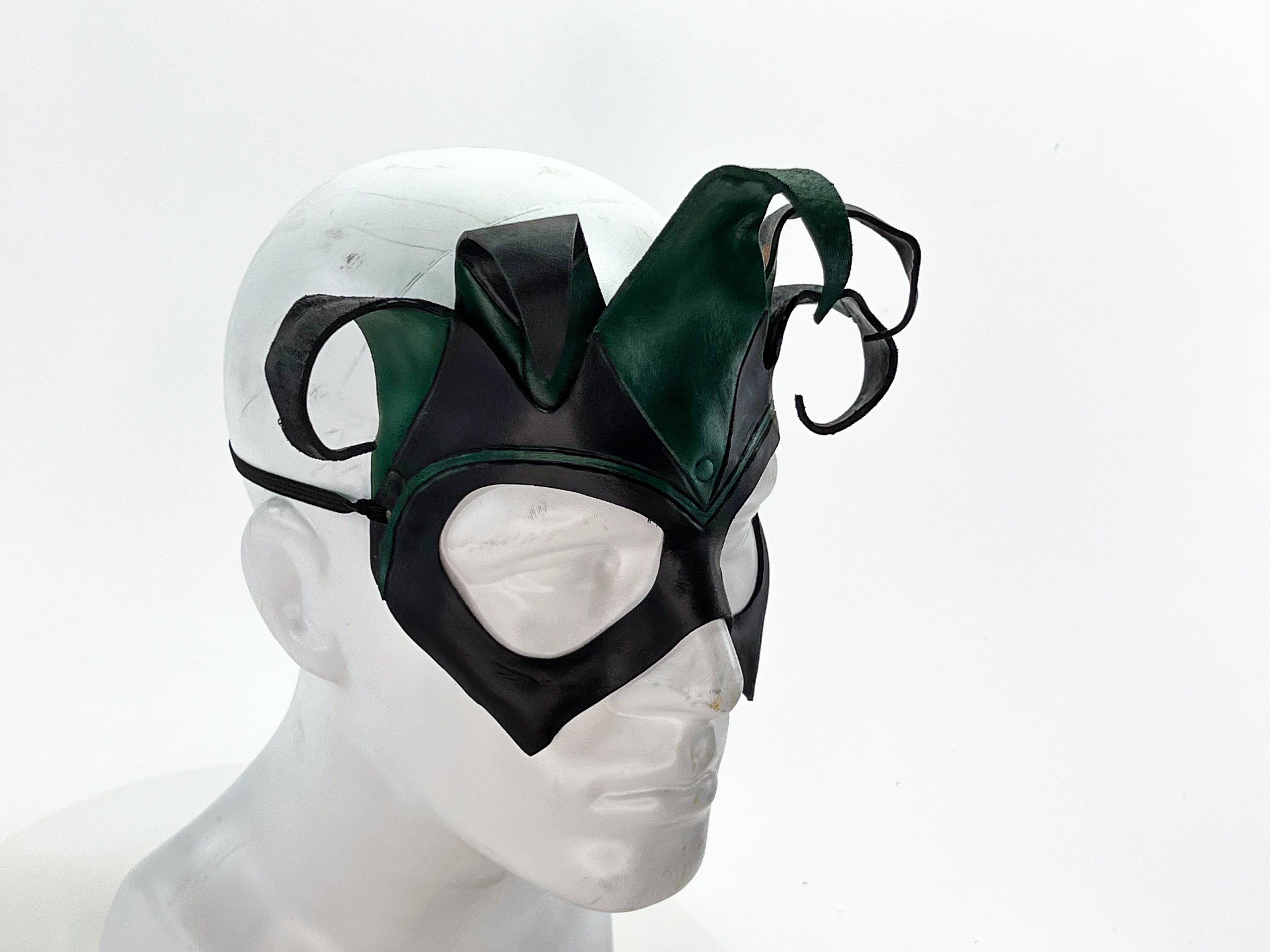Handmade Genuine Leather Five Point Jester Mask in Green and Black No Bells Rockwell Masks