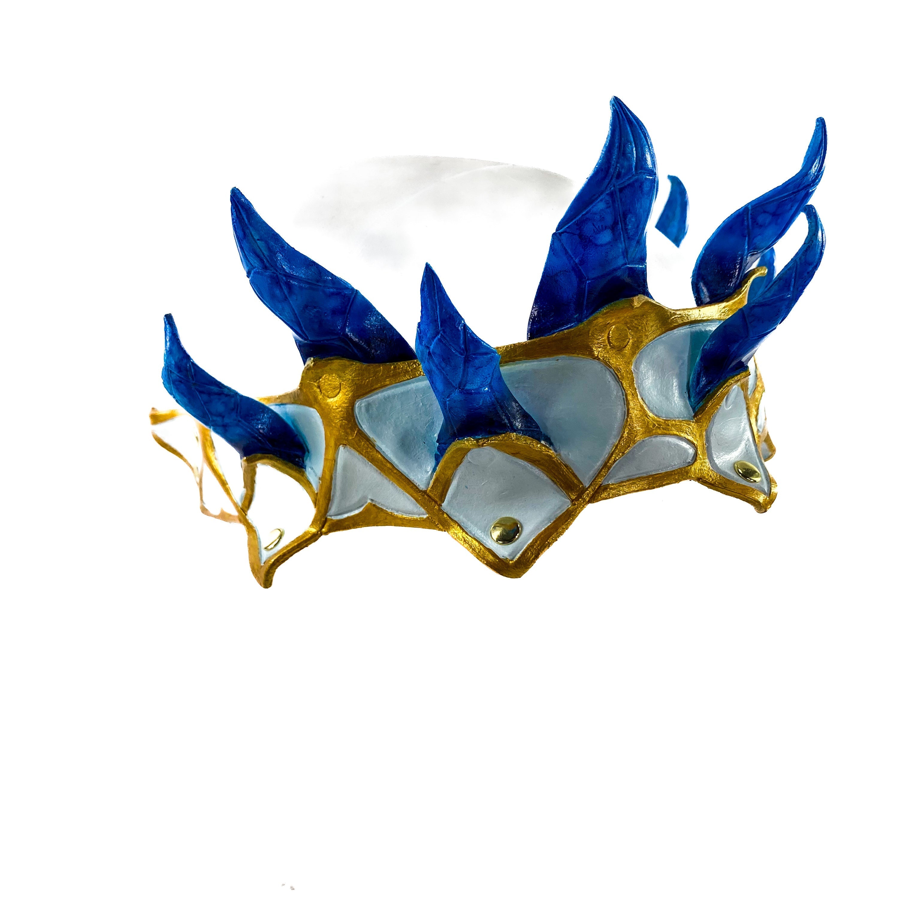 Masquerade Crown of Handmade Genuine Leather in blue gold and white Rockwell Masks
