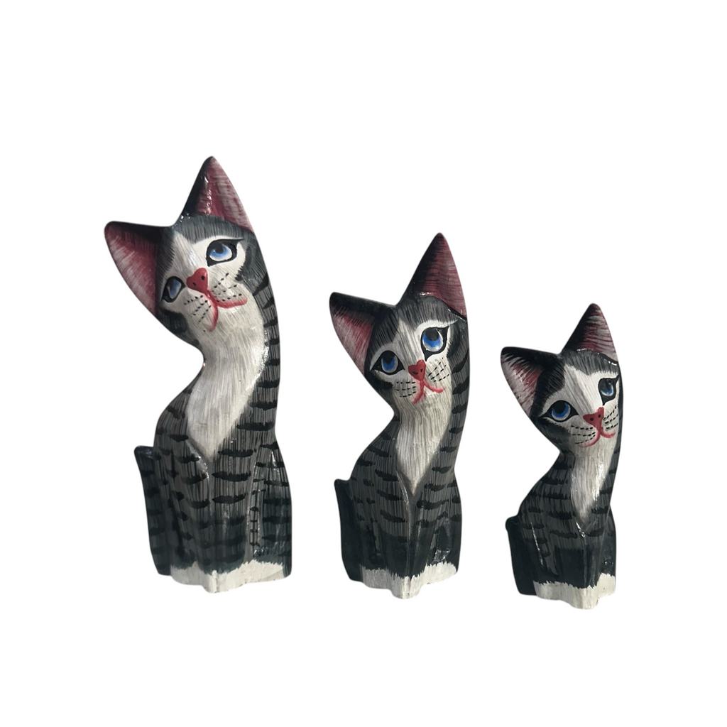Set of Wooden Gray Cute Cat Decoration Figurine Music Frog Co