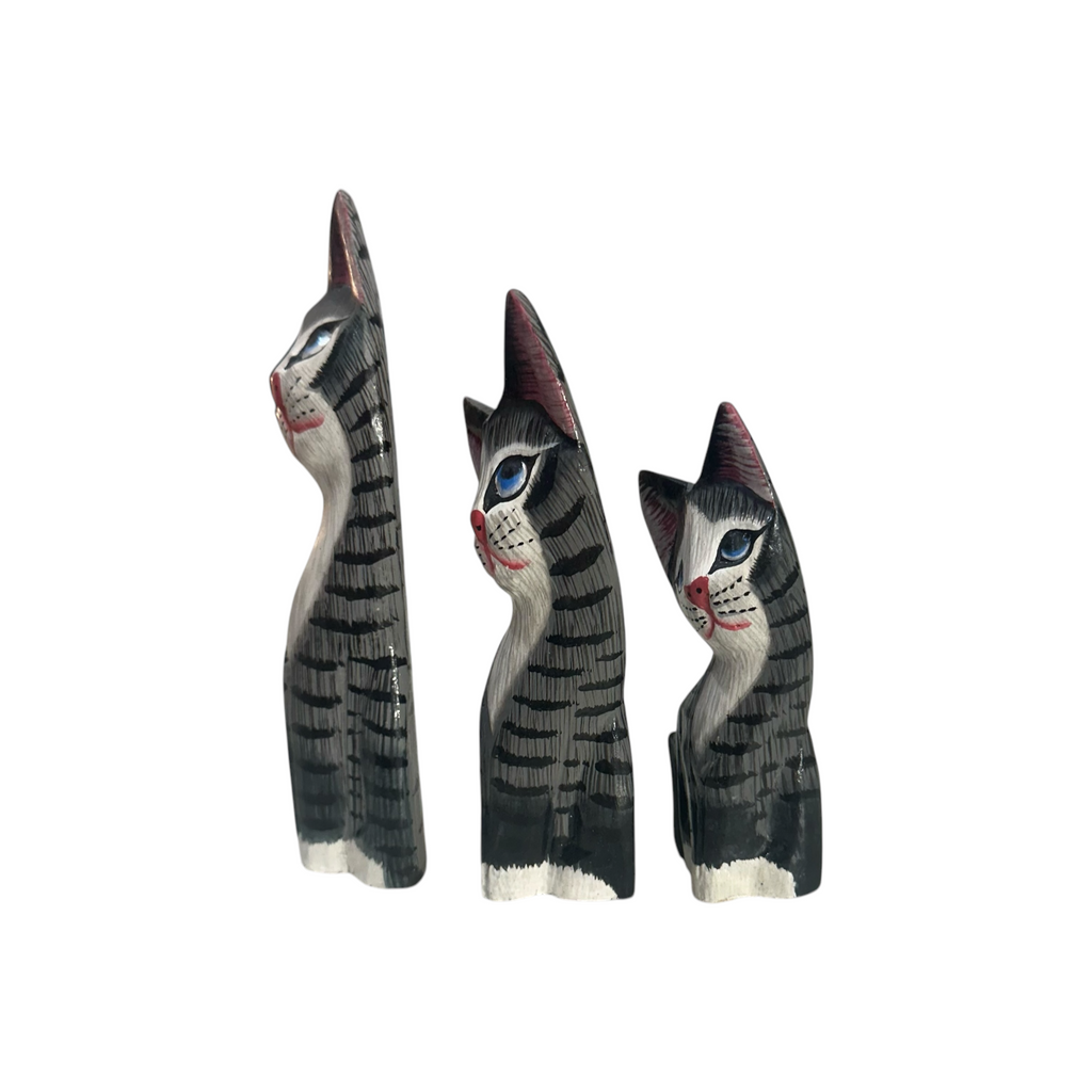 Set of Wooden Gray Cute Cat Decoration Figurine Music Frog Co