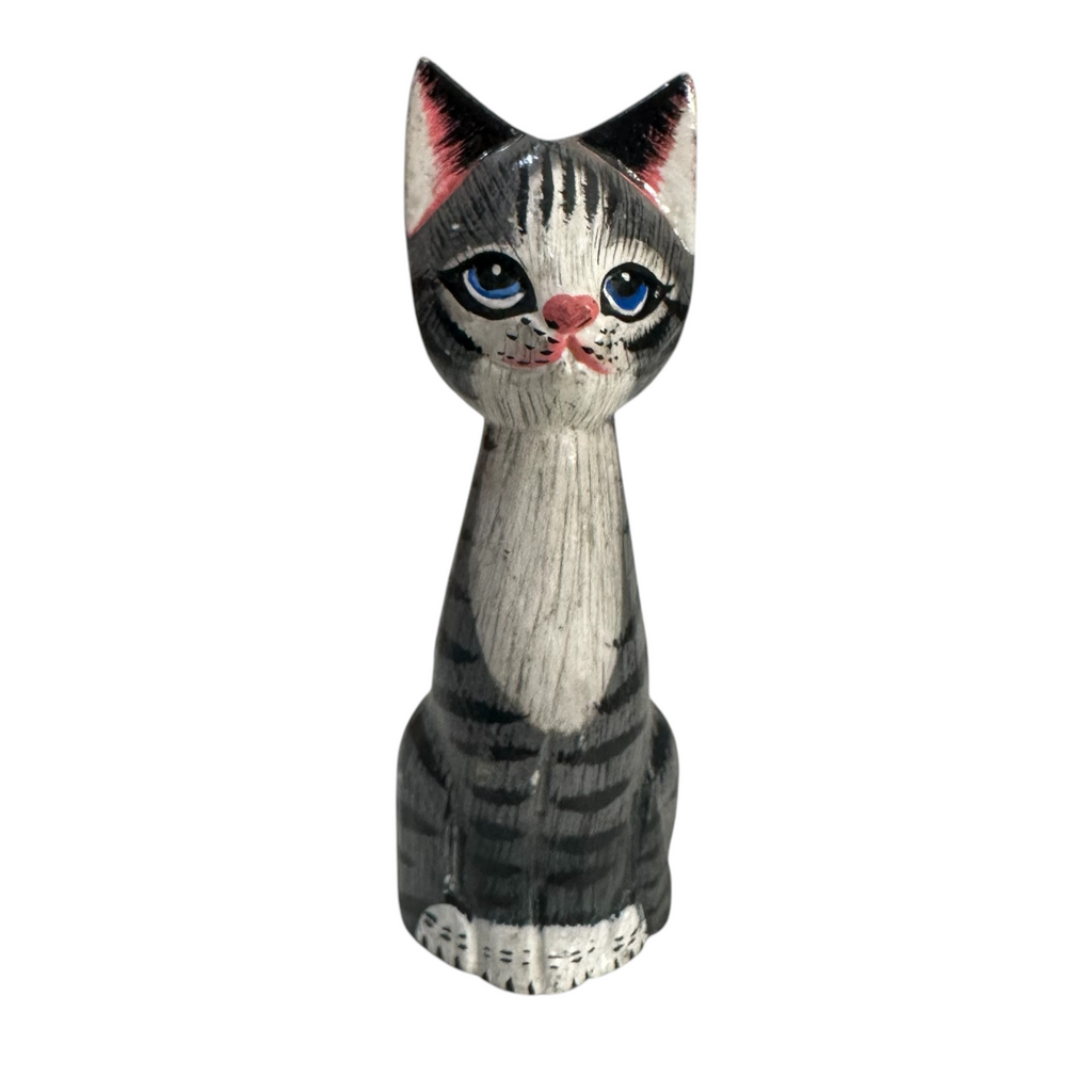 Wooden Gray Cute Sitting Cat Decoration Figurine Music Frog Co