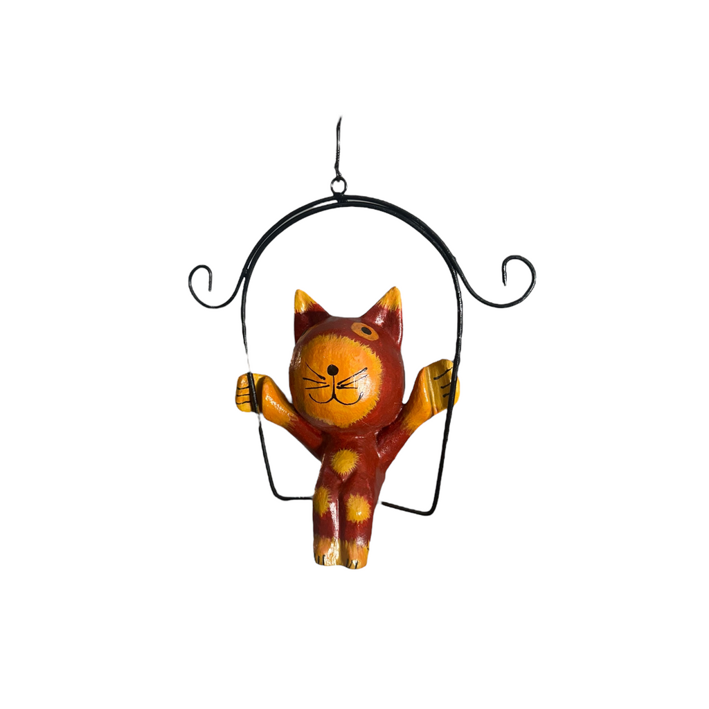 Wooden Cat on a swing (Red) Music Frog Co