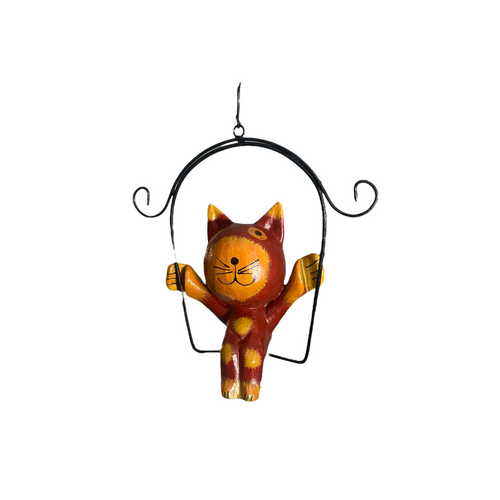 Wooden Cat on a swing (Red) Music Frog Co