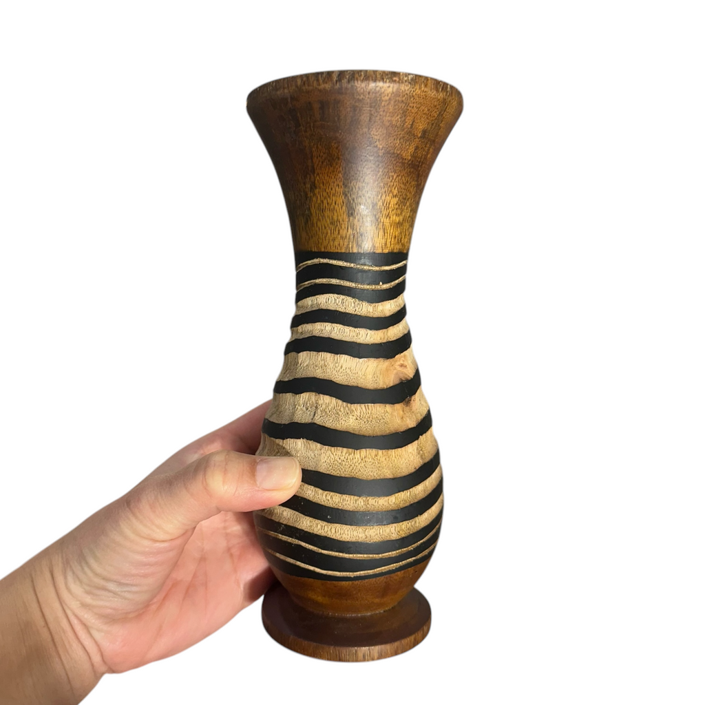 Tall Handcrafted Mango Wood Vase Tribal Pattern Music Frog Co