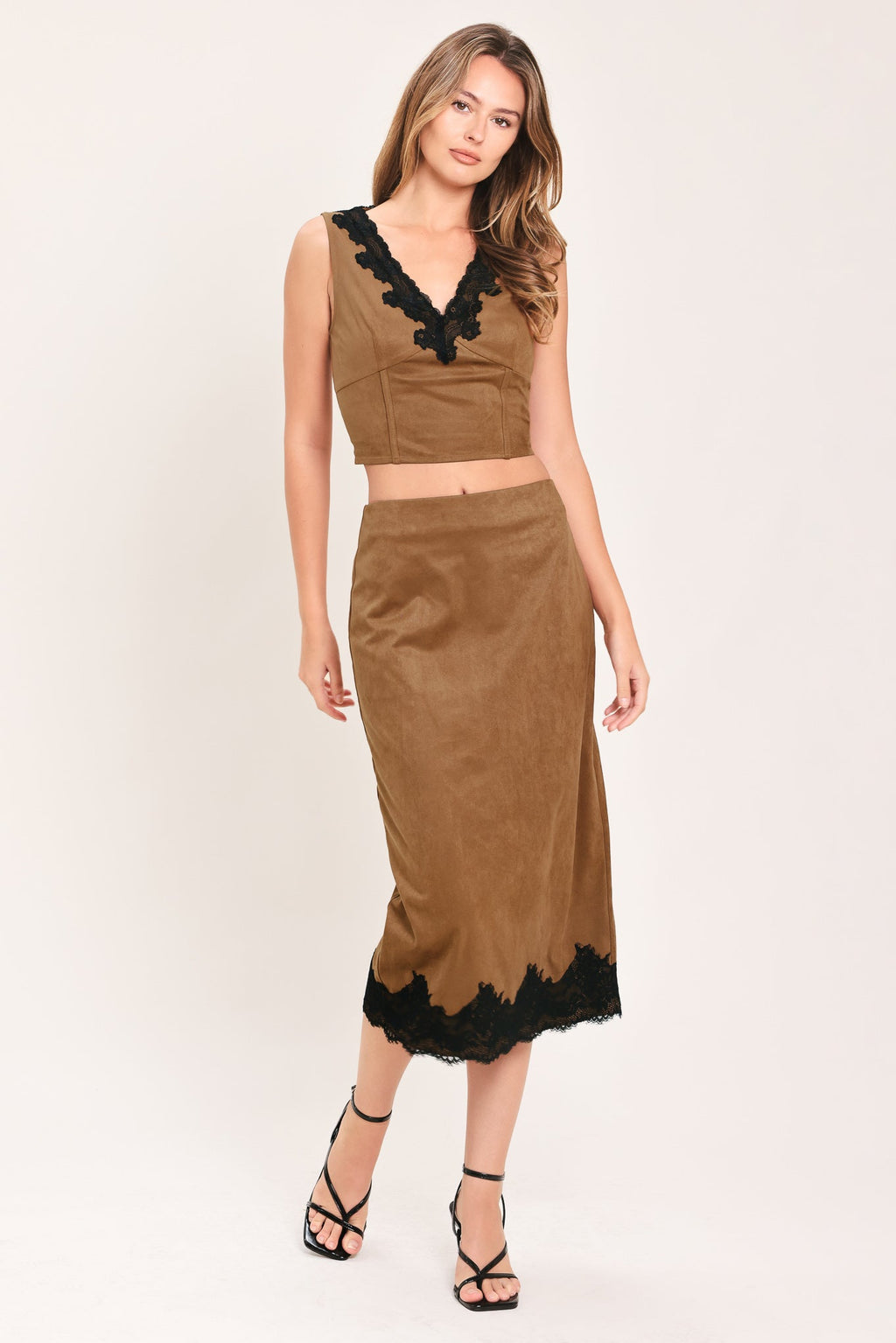UMBER LACE AFTERGLOW FAUX SUEDE CROP TOP Flying Tomato