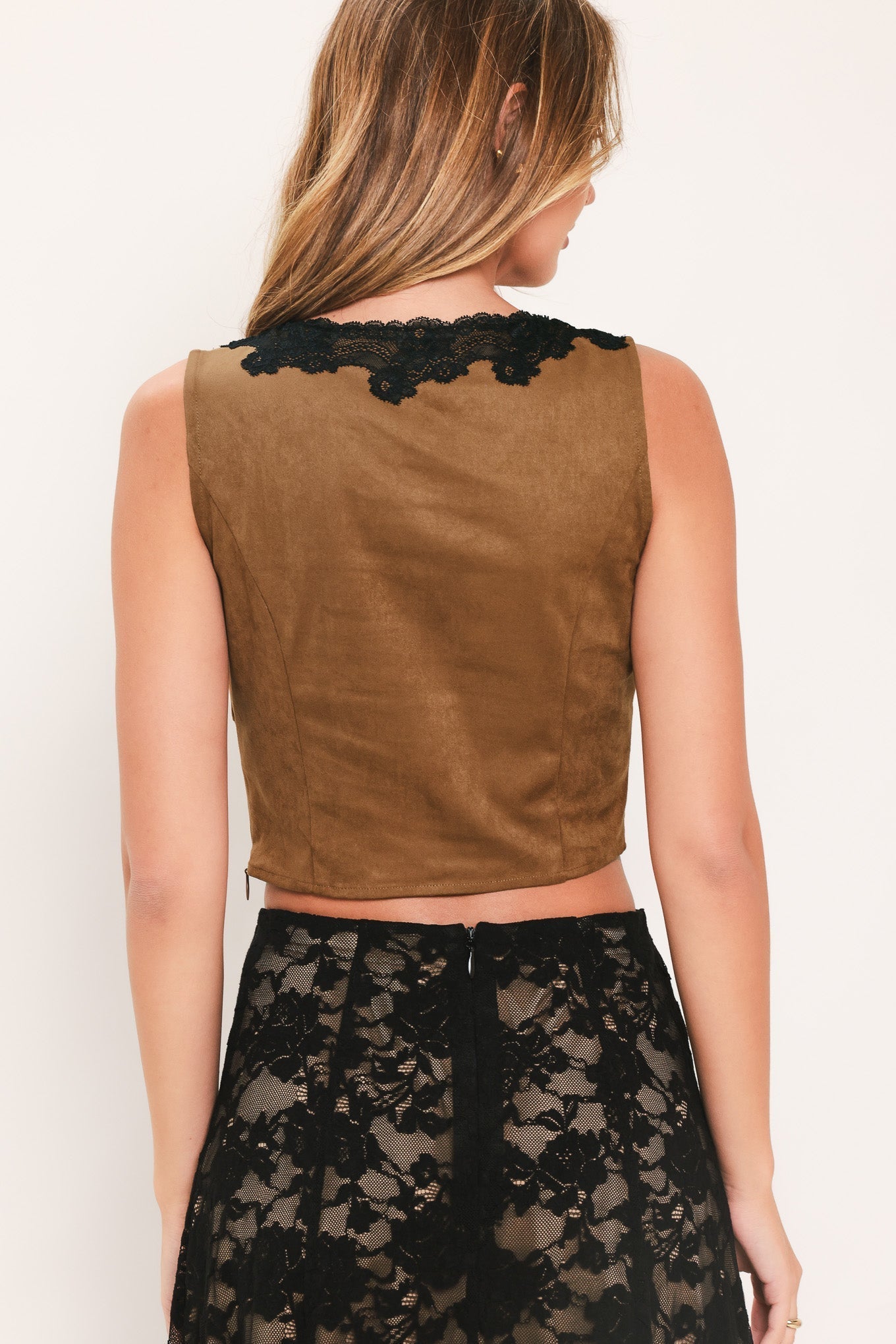 UMBER LACE AFTERGLOW FAUX SUEDE CROP TOP Flying Tomato