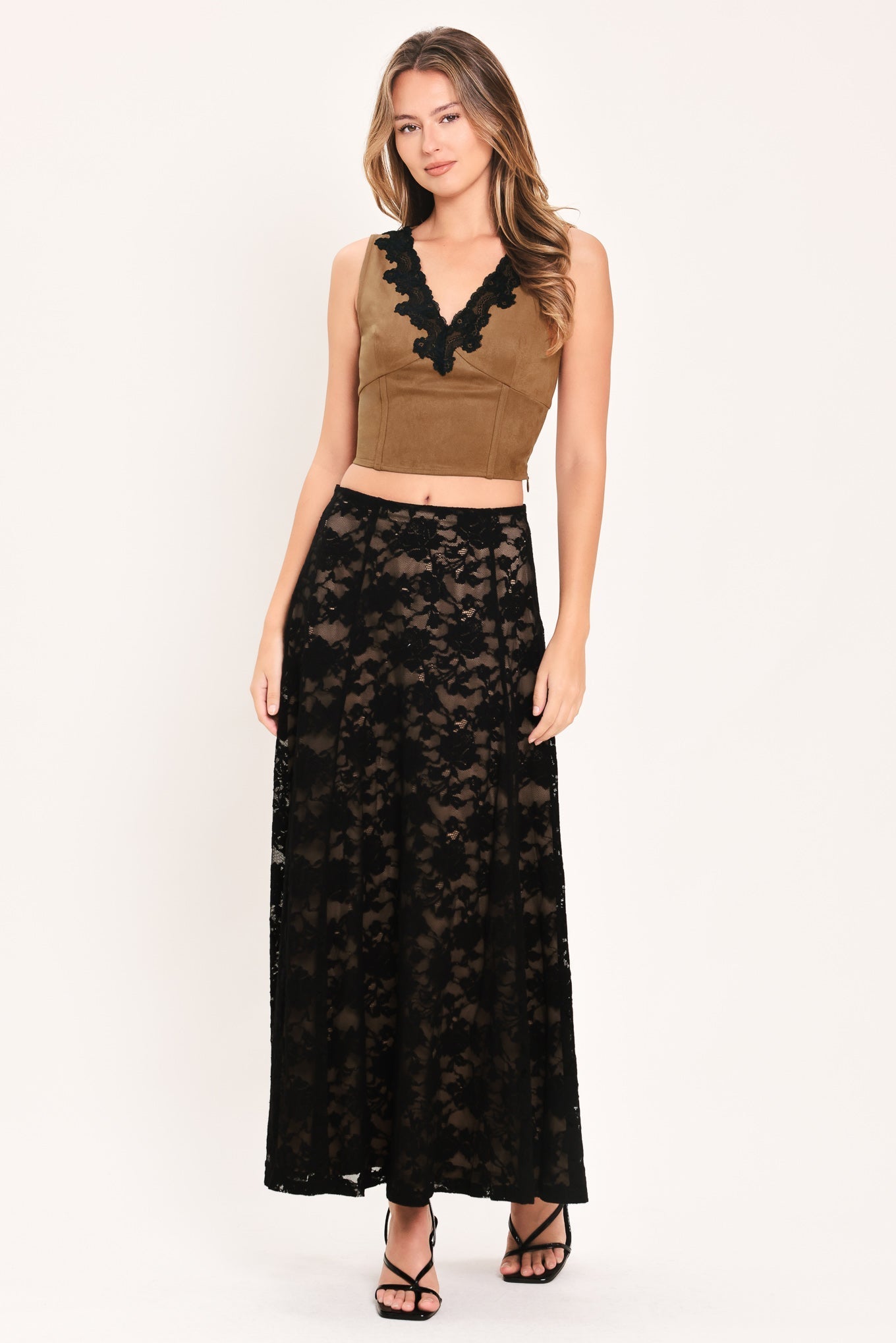 UMBER LACE AFTERGLOW FAUX SUEDE CROP TOP Flying Tomato