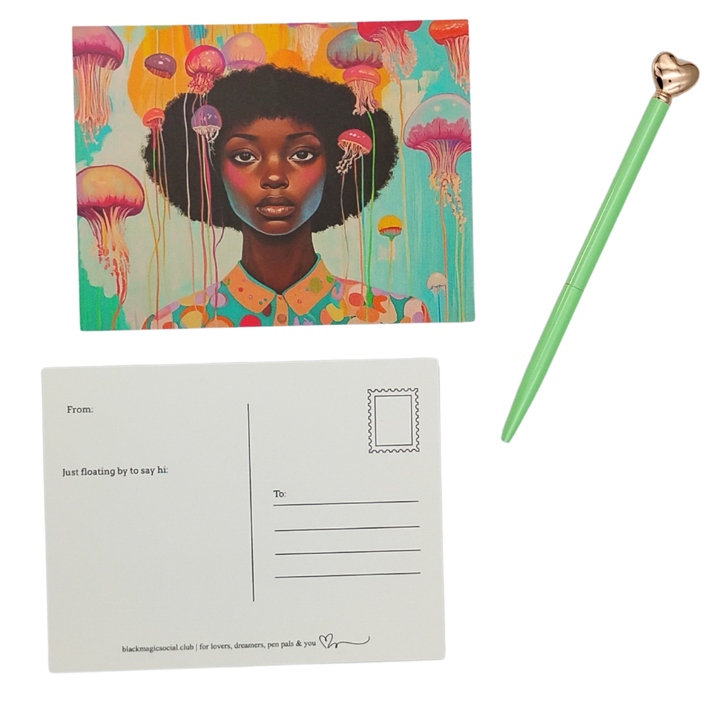Underwater Whimsical Black Girl & Jellyfish Postcard for Friends & Penpals Black Magic Social Club