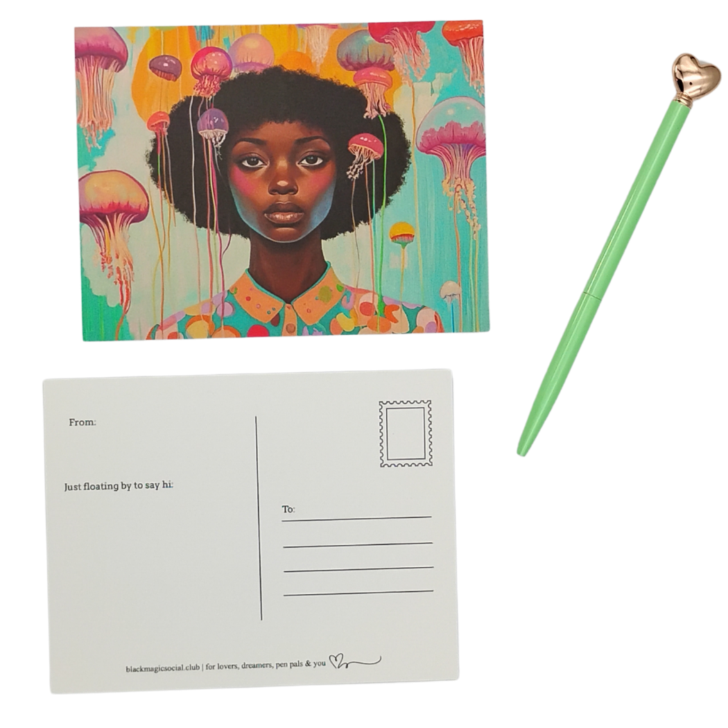Underwater Whimsical Black Girl & Jellyfish Postcard for Friends & Penpals Black Magic Social Club