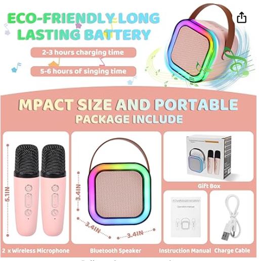 Kids Mini Karaoke Voice Changer Portable Bluetooth Speaker plus 2 Wireless Microphones The Noodley