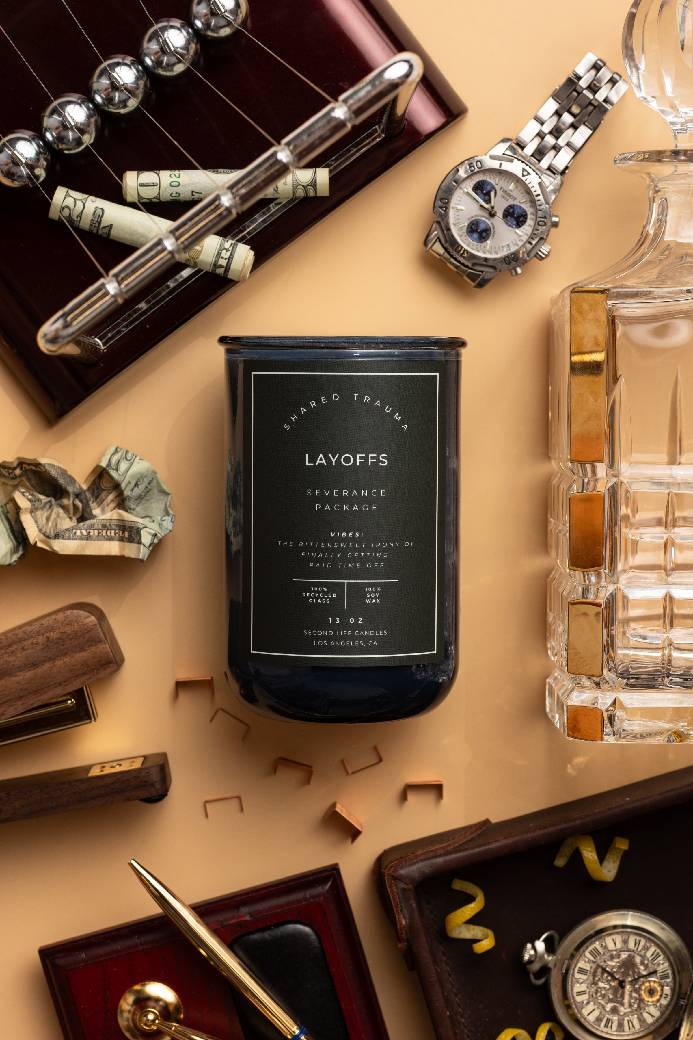 Shared Trauma Candles - Layoffs - 13 Oz Crackling Wood Wick - Worn Leather & Citron Second Life Candles