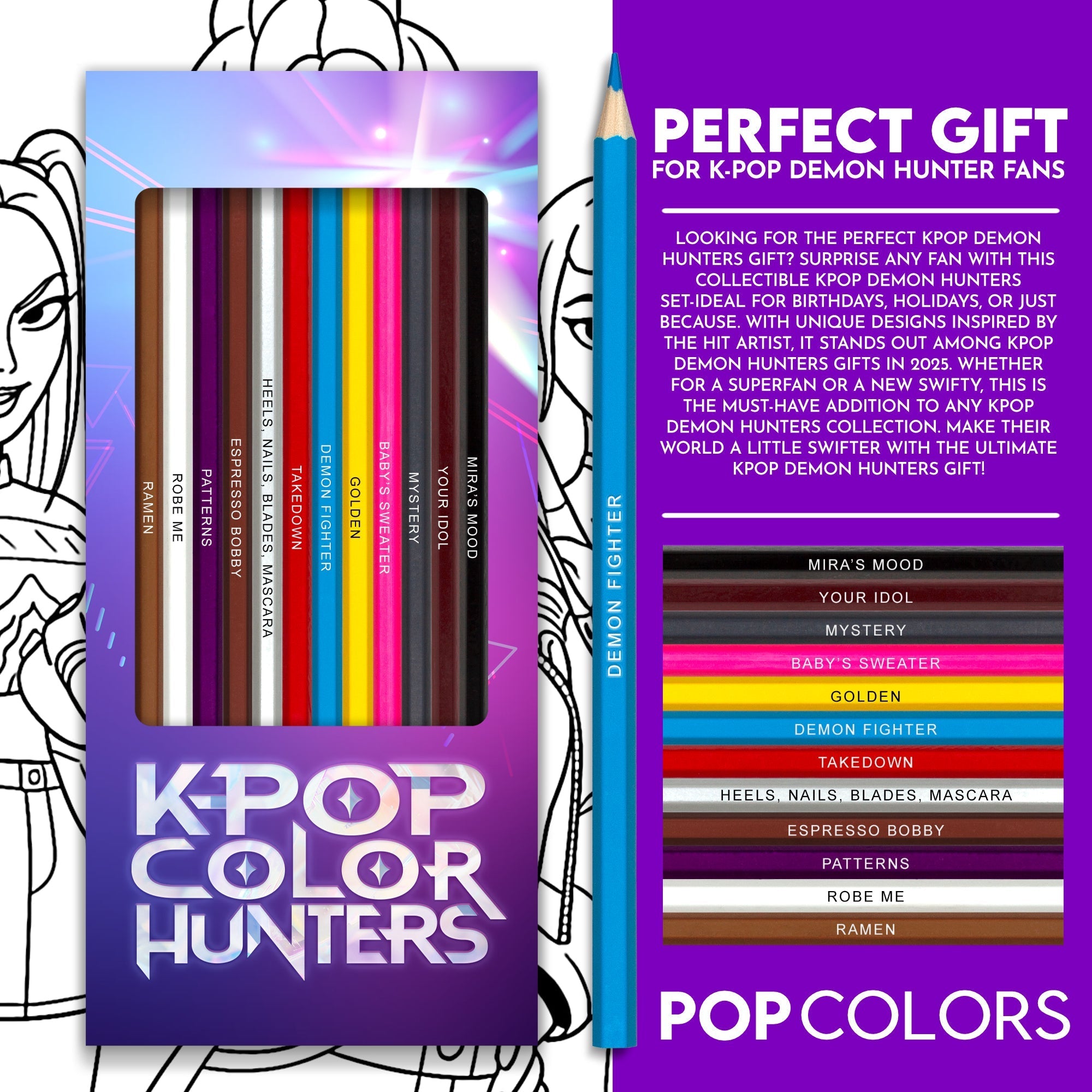 K-Pop Color Hunters Colored Pencil Set for Fans of K-Pop Demon Hunters Pop Colors