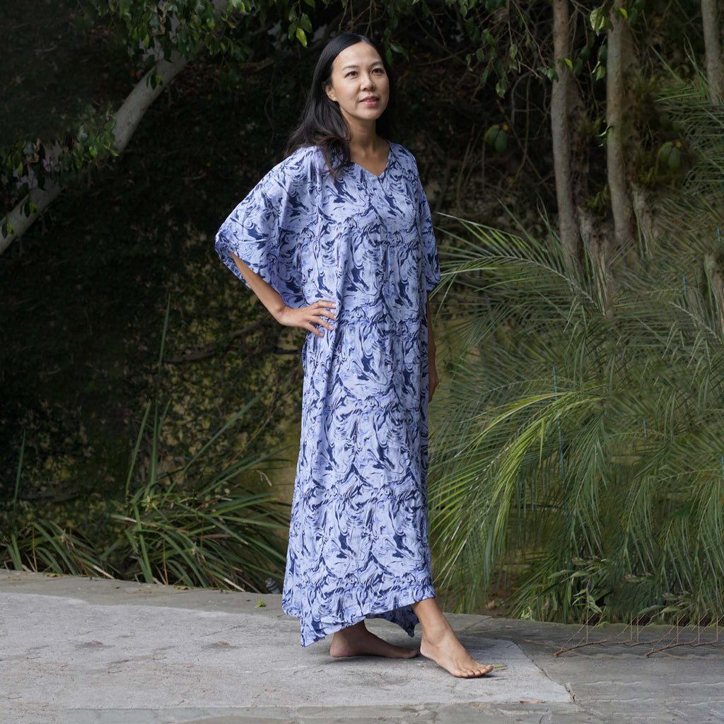 Kaftan Dress Rayon Blue Marble Lightweight Kasih Co-op