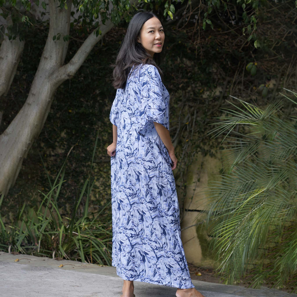 Kaftan Dress Rayon Blue Marble Lightweight Kasih Co-op