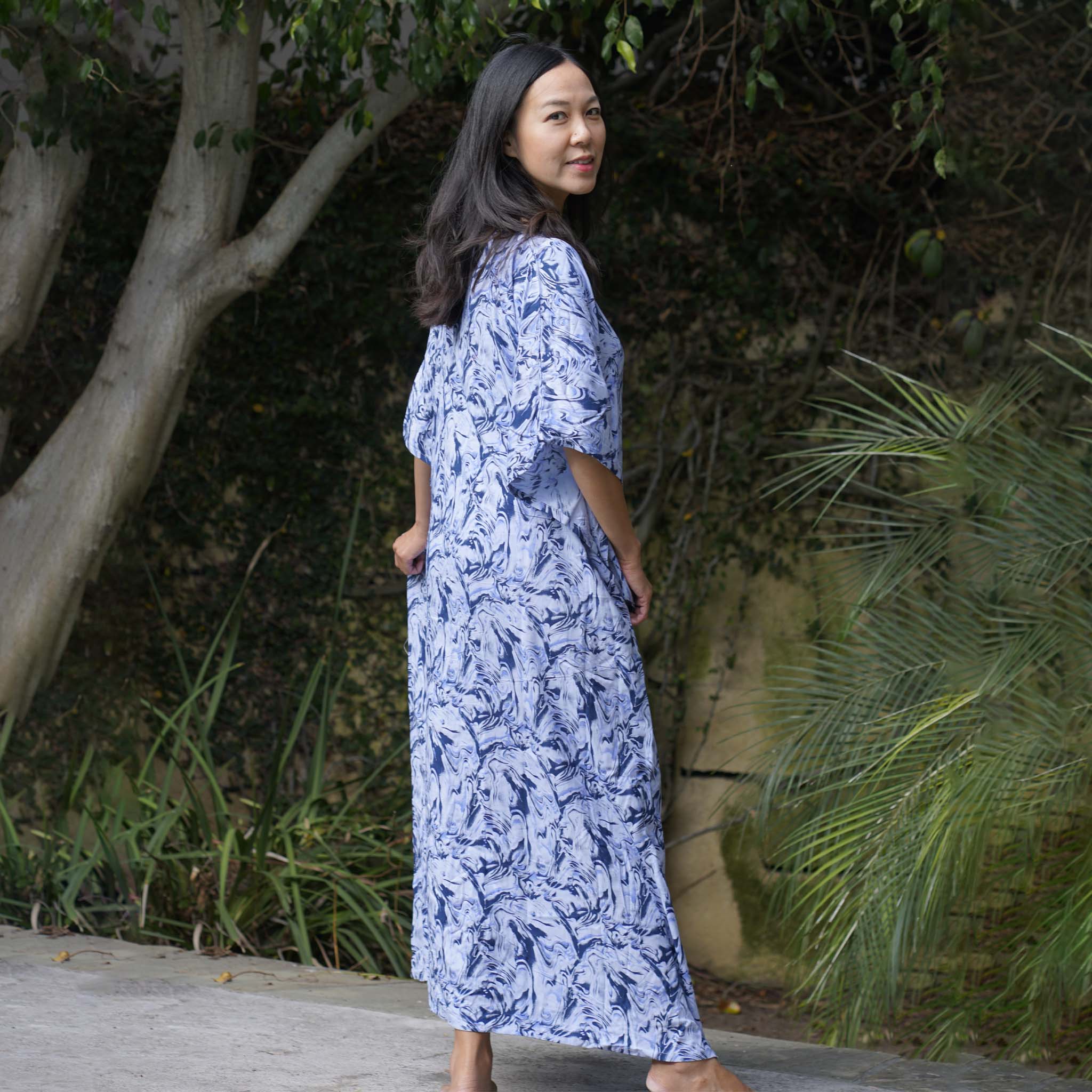 Kaftan Dress Rayon Blue Marble Lightweight Kasih Co-op