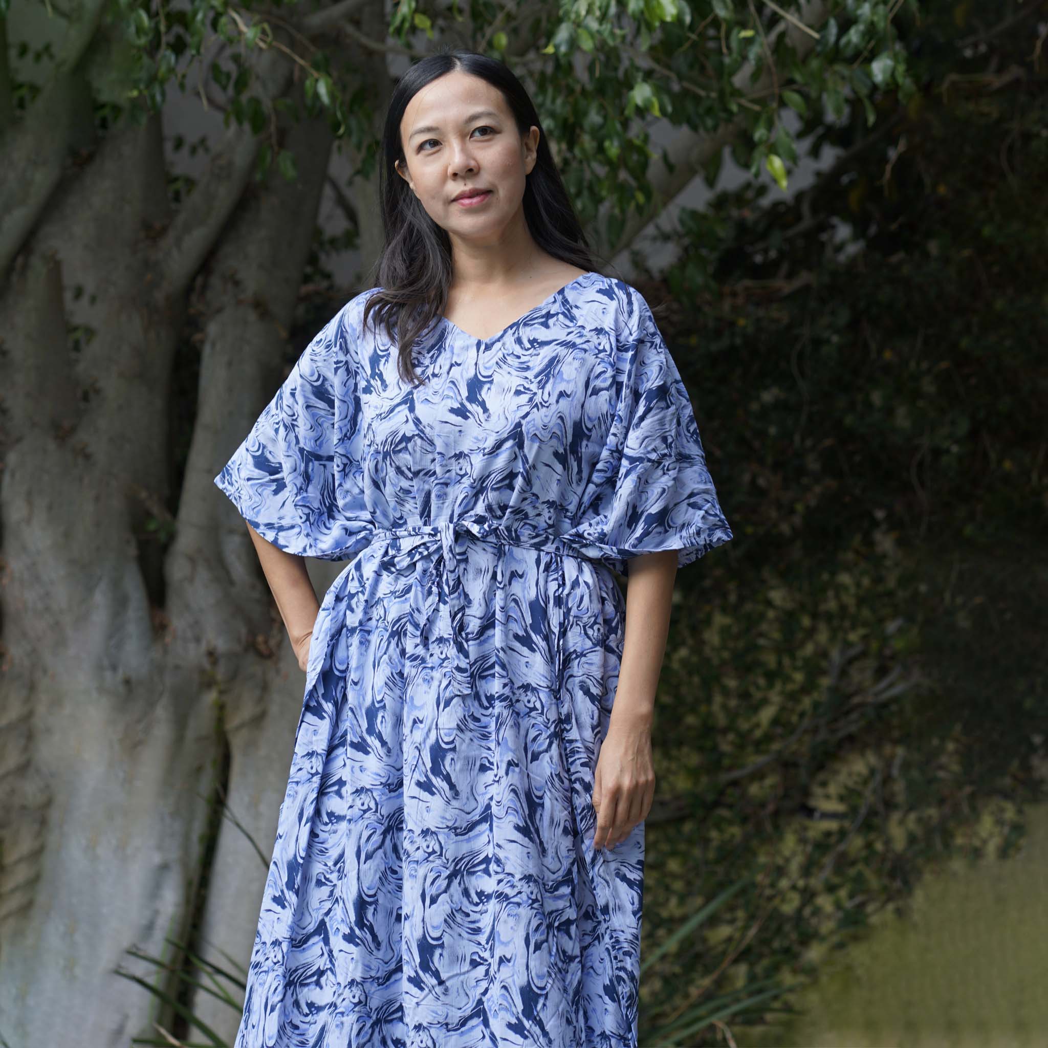 Kaftan Dress Rayon Blue Marble Lightweight Kasih Co-op