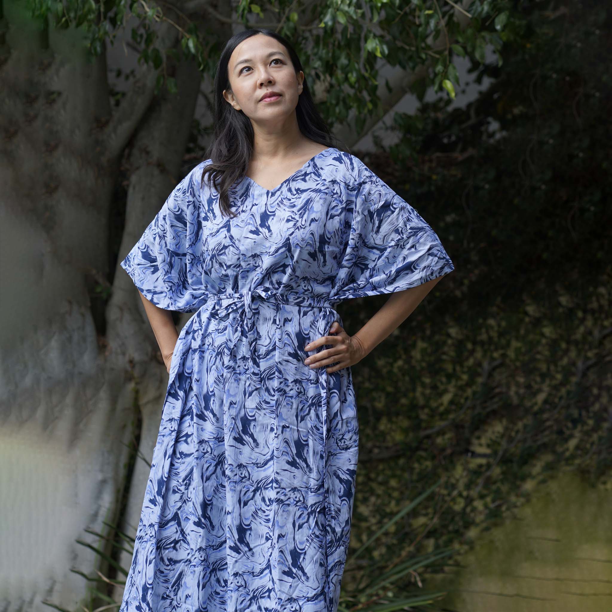 Kaftan Dress Rayon Blue Marble Lightweight Kasih Co-op