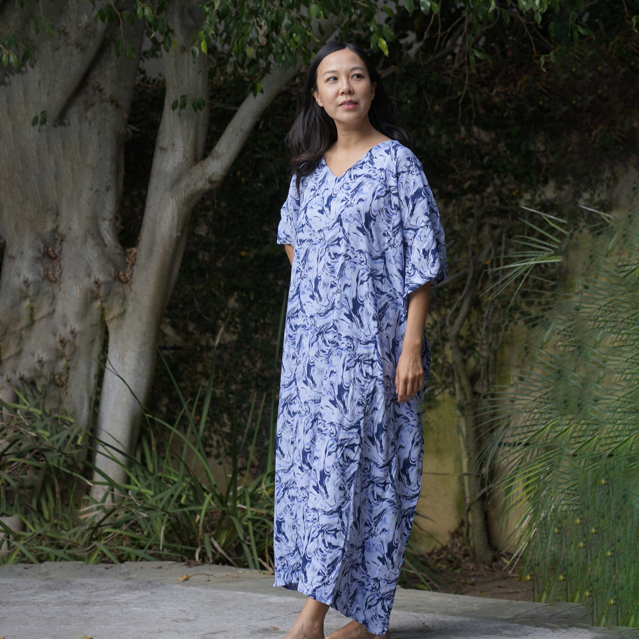 Kaftan Dress Rayon Blue Marble Lightweight Kasih Co-op