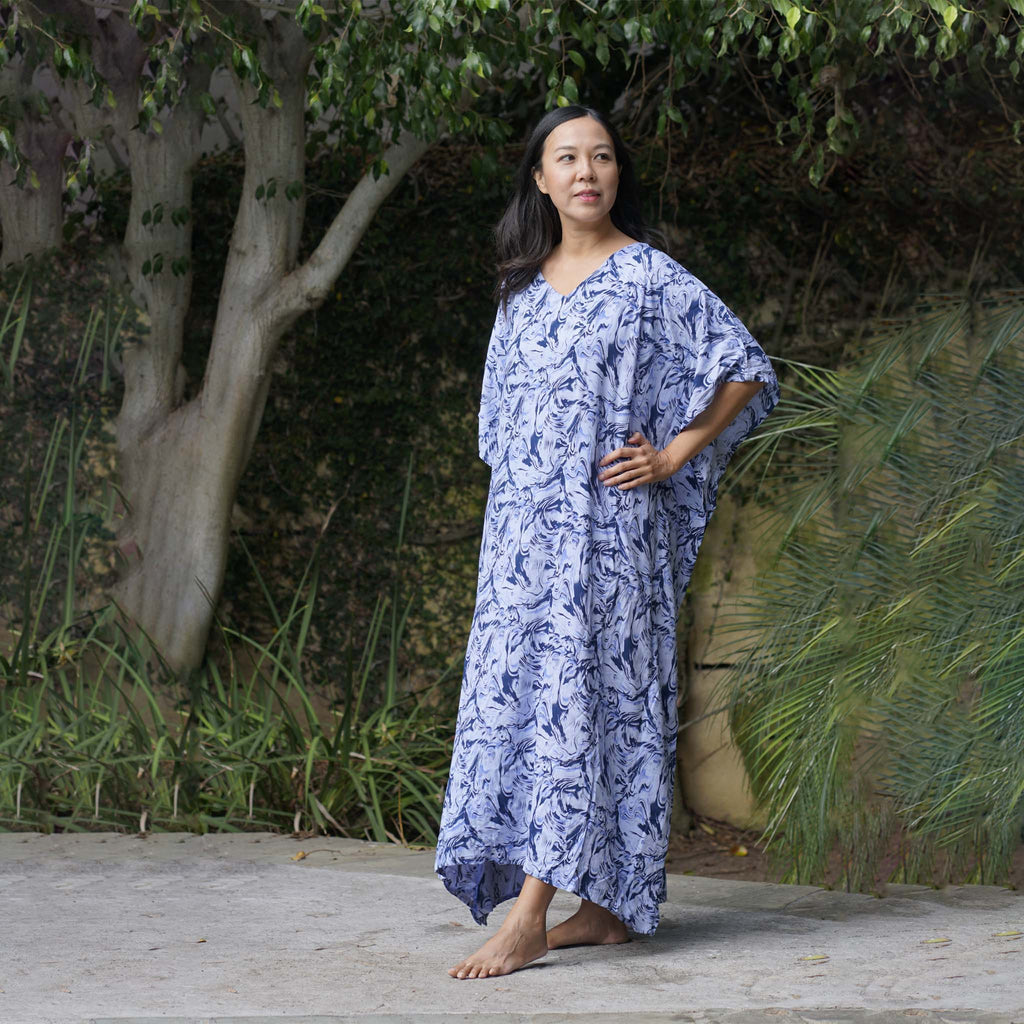 Kaftan Dress Rayon Blue Marble Lightweight Kasih Co-op
