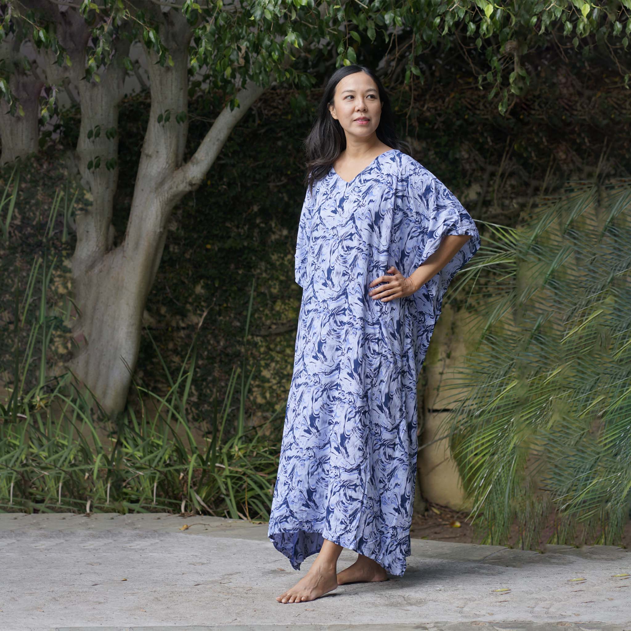 Kaftan Dress Rayon Blue Marble Lightweight Kasih Co-op