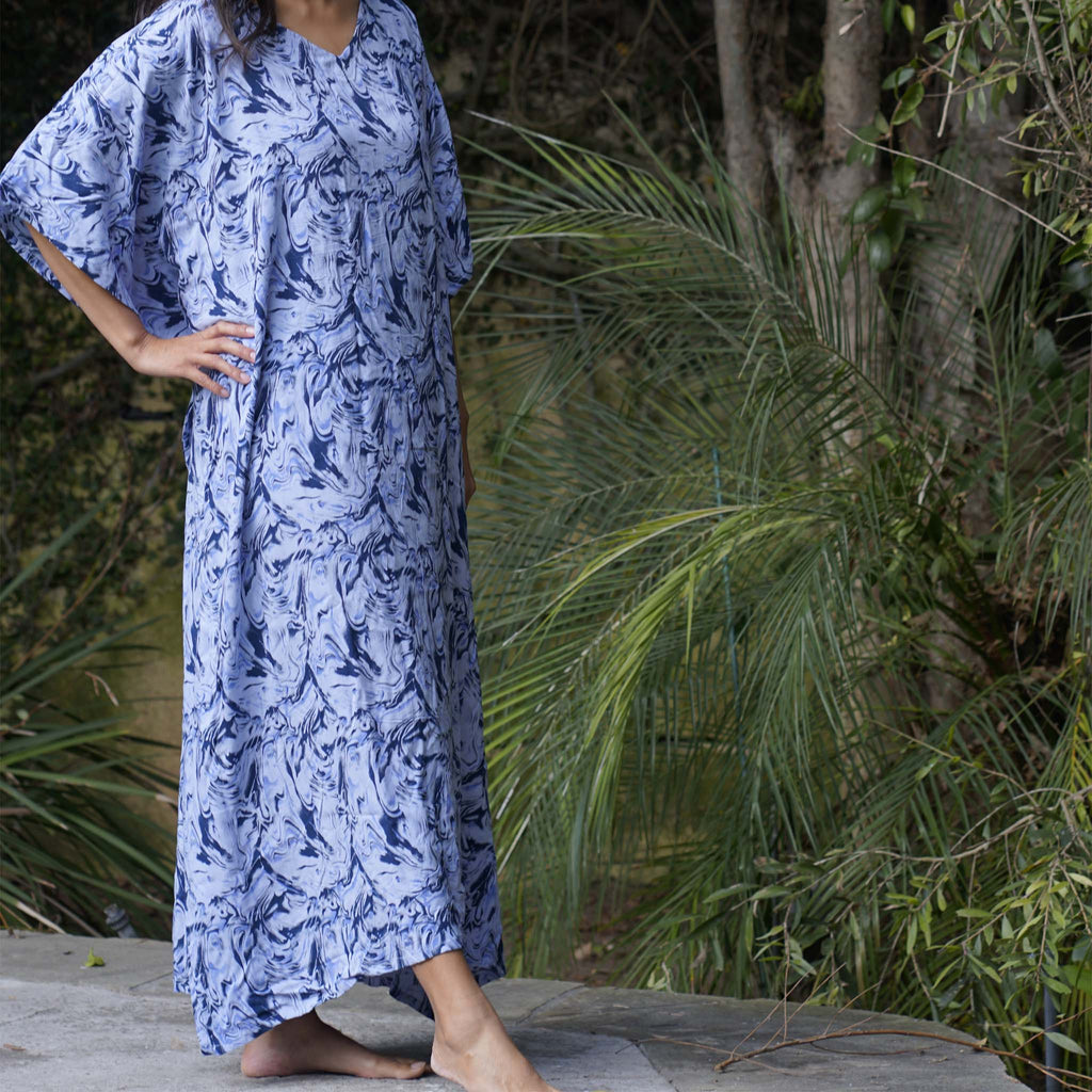Kaftan Dress Rayon Blue Marble Lightweight Kasih Co-op