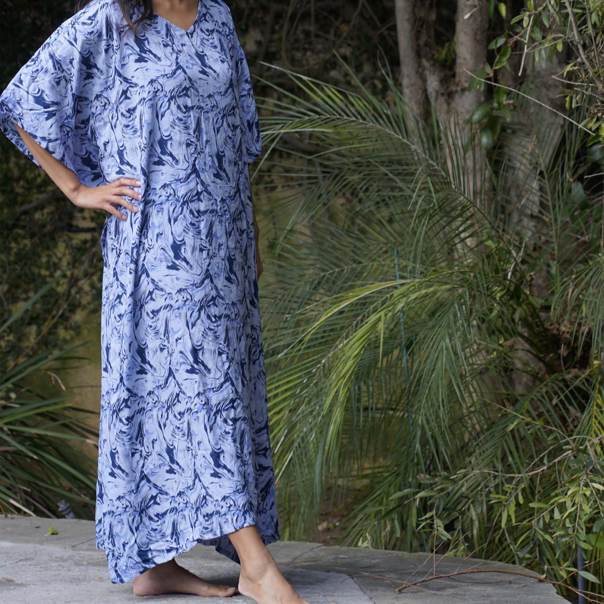 Kaftan Dress Rayon Blue Marble Lightweight Kasih Co-op