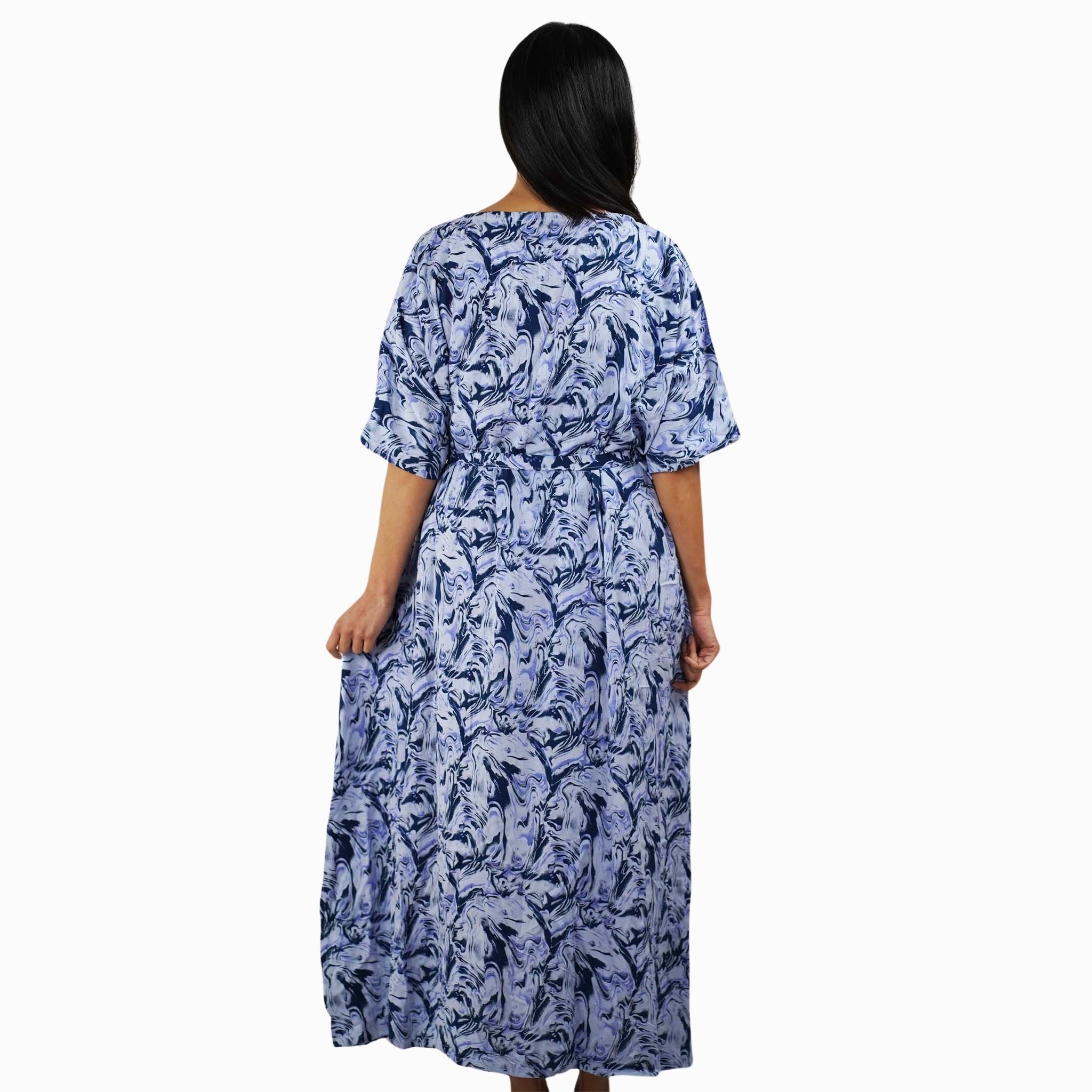 Kaftan Dress Rayon Blue Marble Lightweight Kasih Co-op