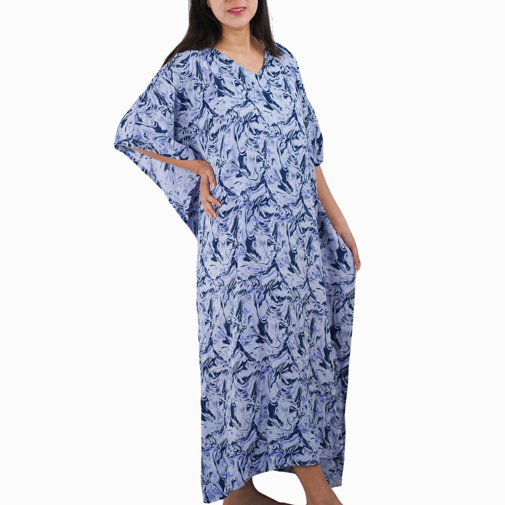 Kaftan Dress Rayon Blue Marble Lightweight Kasih Co-op