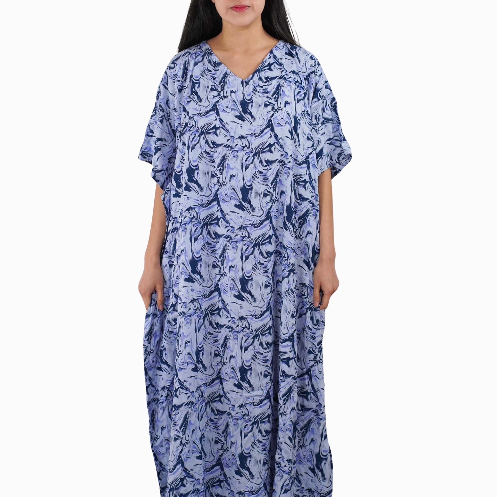 Kaftan Dress Rayon Blue Marble Lightweight Kasih Co-op