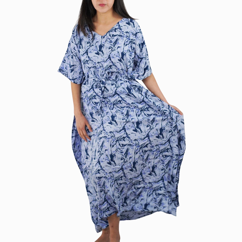 Kaftan Dress Rayon Blue Marble Lightweight Kasih Co-op