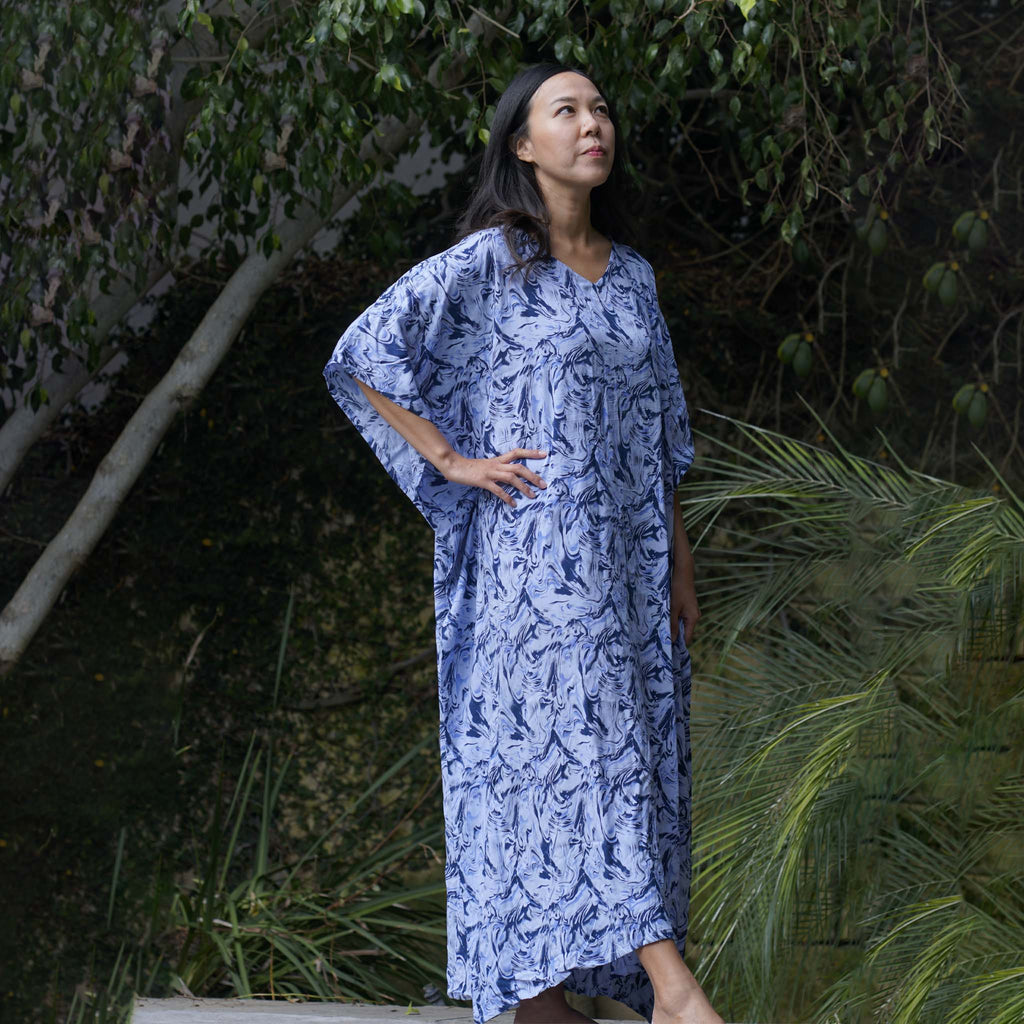 Kaftan Dress Rayon Blue Marble Lightweight Kasih Co-op