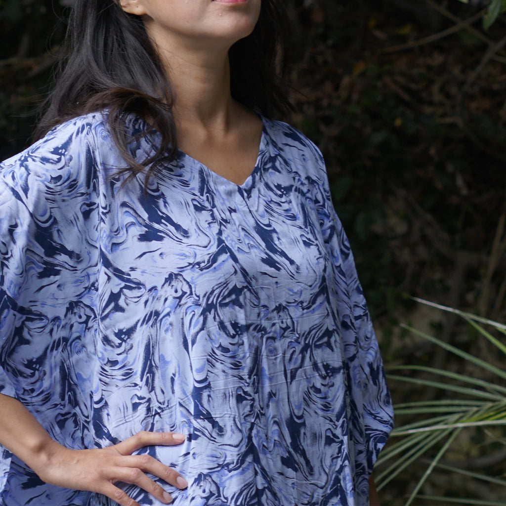 Kaftan Dress Rayon Blue Marble Lightweight Kasih Co-op