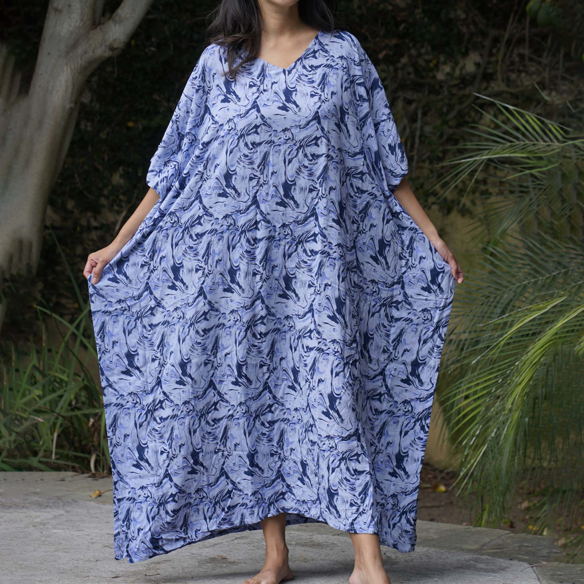 Kaftan Dress Rayon Blue Marble Lightweight Kasih Co-op