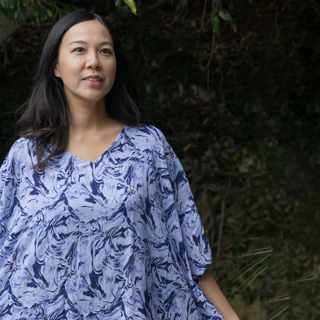 Kaftan Dress Rayon Blue Marble Lightweight Kasih Co-op