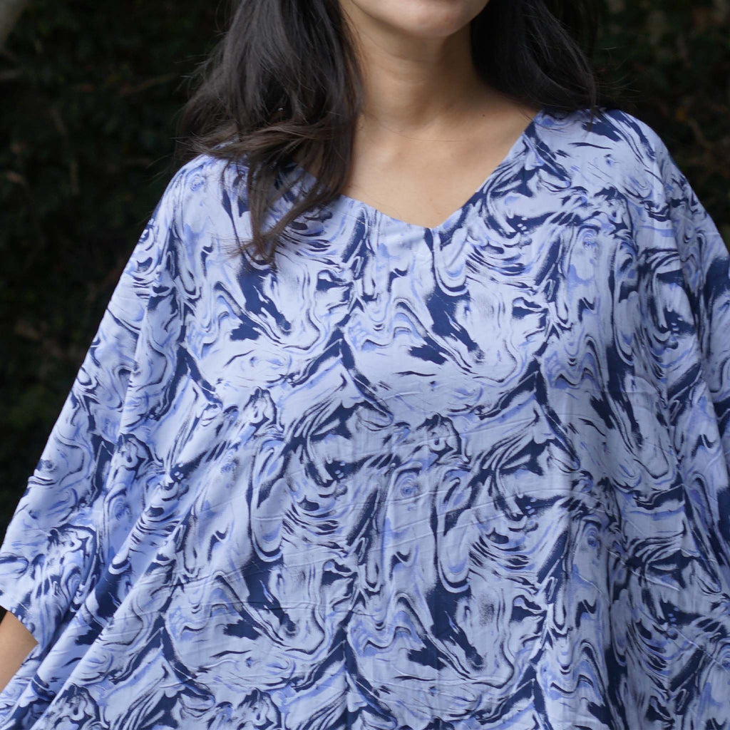 Kaftan Dress Rayon Blue Marble Lightweight Kasih Co-op
