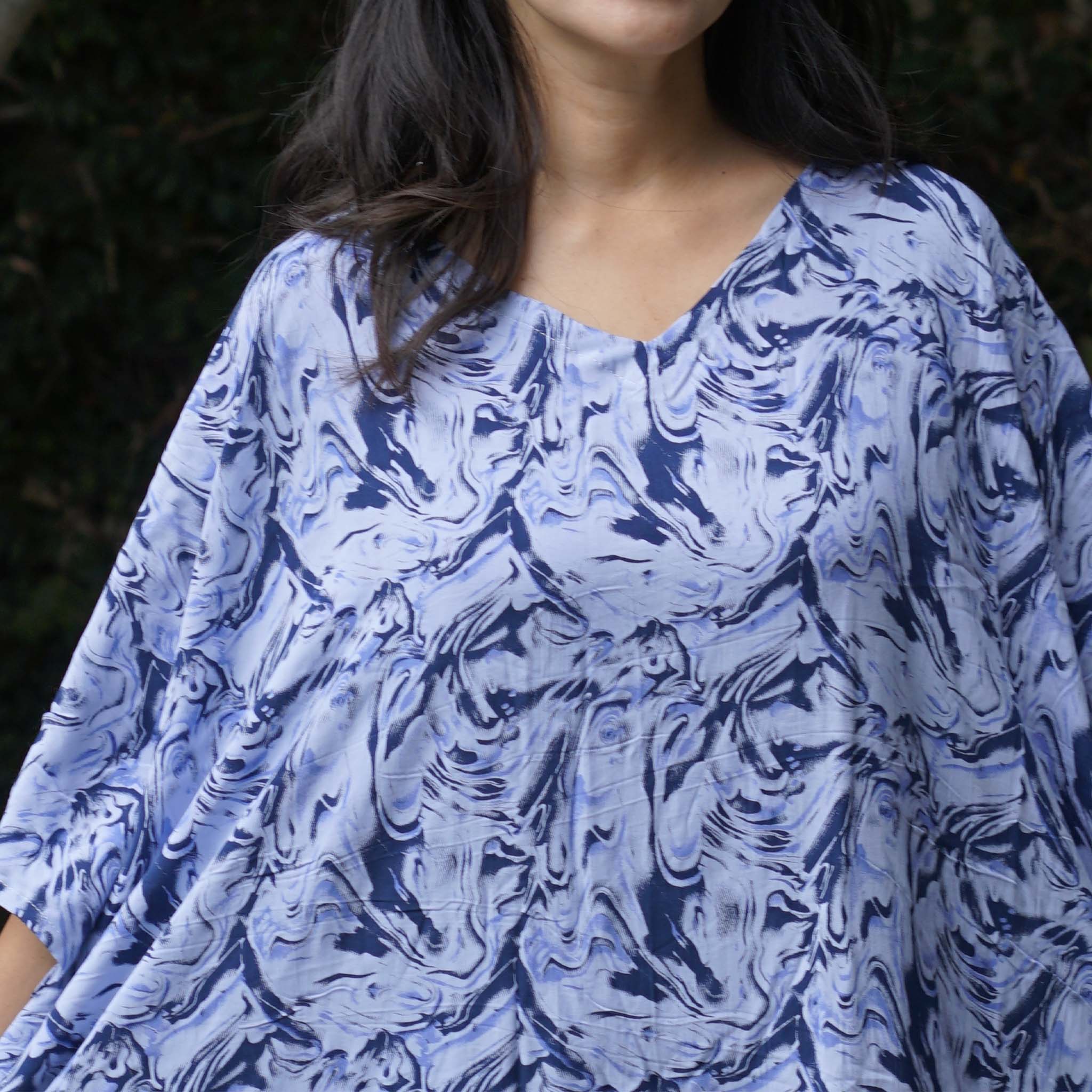 Kaftan Dress Rayon Blue Marble Lightweight Kasih Co-op