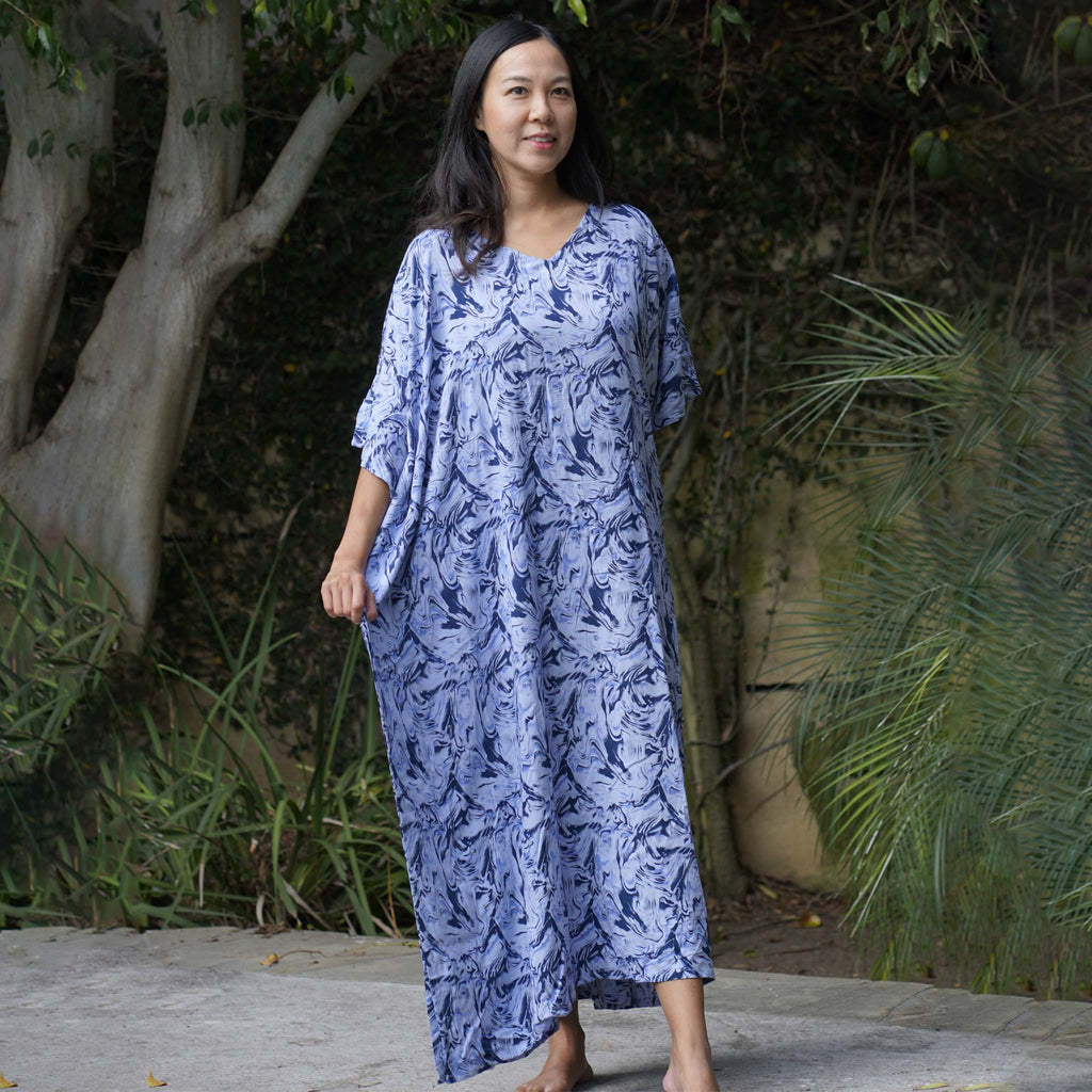 Kaftan Dress Rayon Blue Marble Lightweight Kasih Co-op