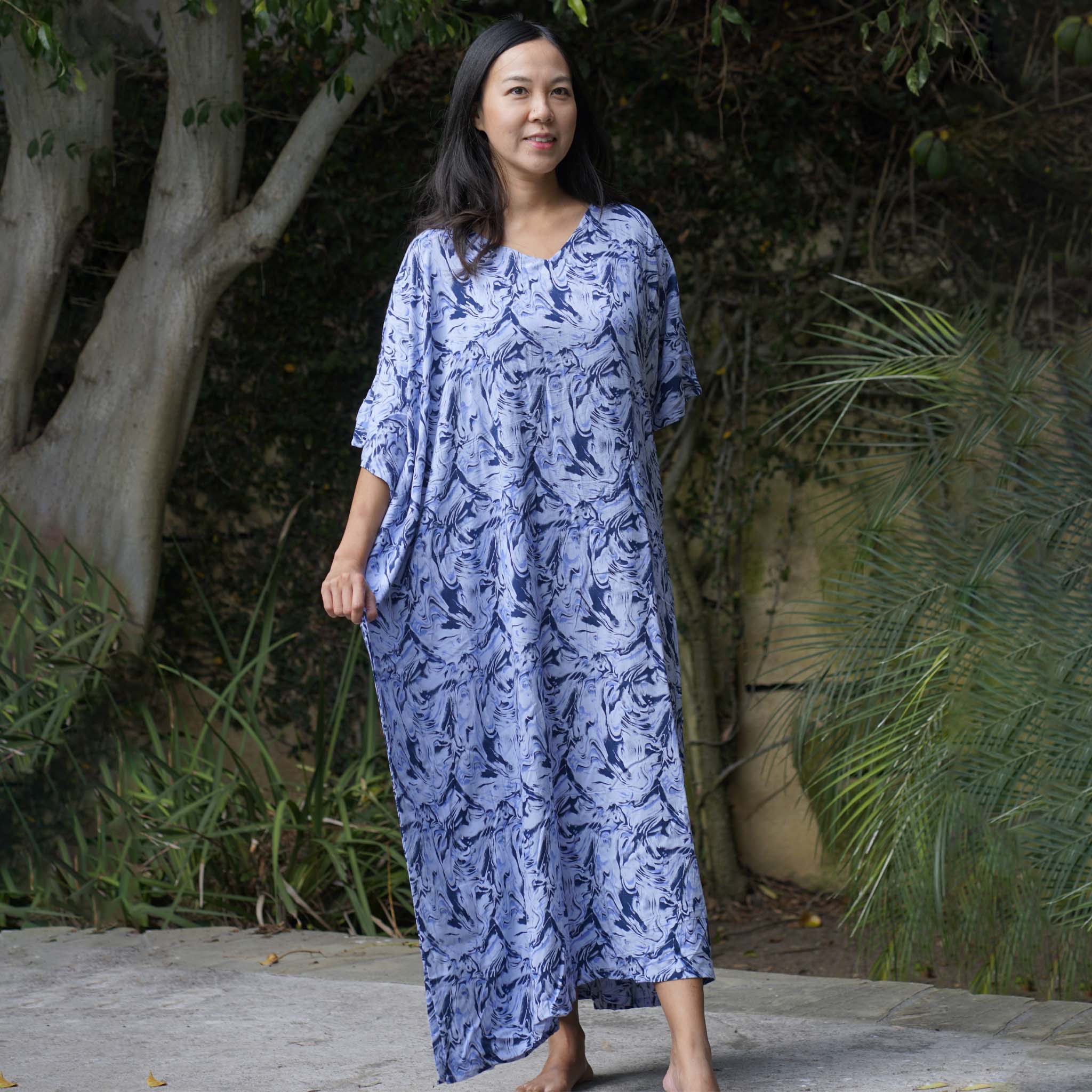Kaftan Dress Rayon Blue Marble Lightweight Kasih Co-op