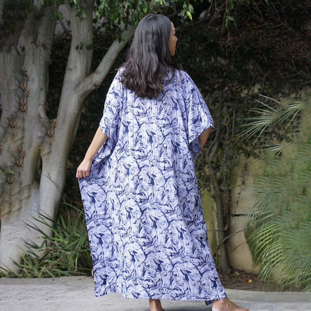 Kaftan Dress Rayon Blue Marble Lightweight Kasih Co-op