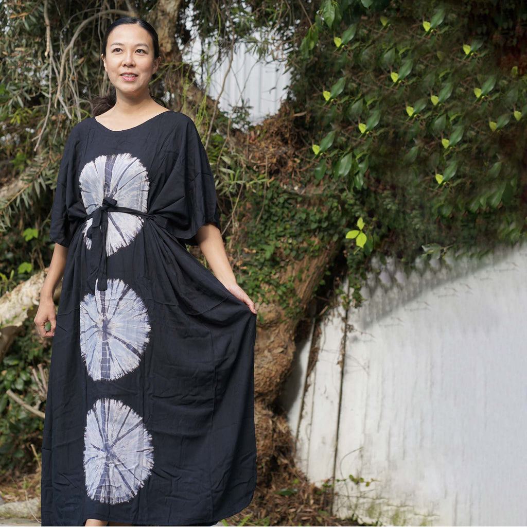 Kaftan Tie Dye Long Dress Shibori Black White Floral Pattern Kasih Co-op