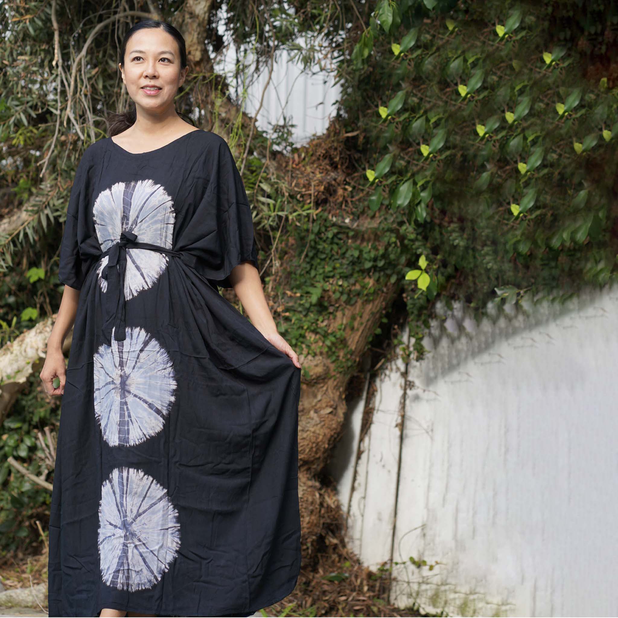 Kaftan Tie Dye Long Dress Shibori Black White Floral Pattern Kasih Co-op