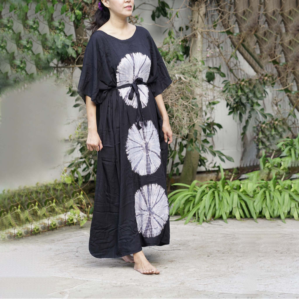 Kaftan Tie Dye Long Dress Shibori Black White Floral Pattern Kasih Co-op