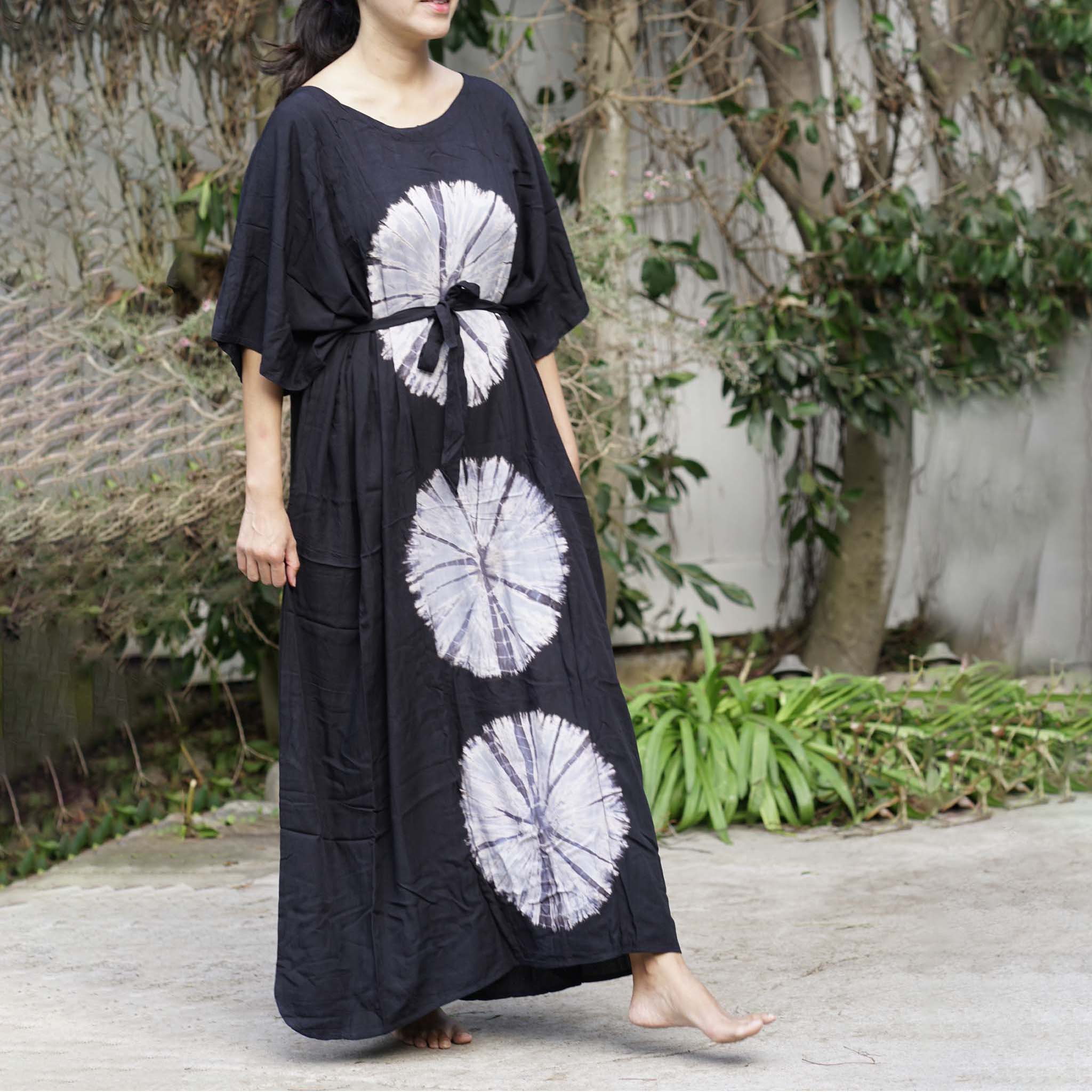 Kaftan Tie Dye Long Dress Shibori Black White Floral Pattern Kasih Co-op