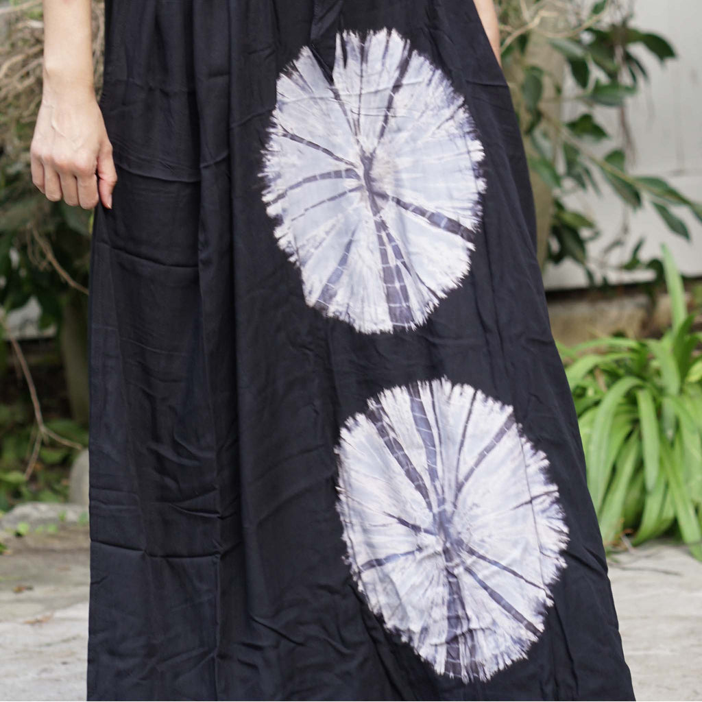 Kaftan Tie Dye Long Dress Shibori Black White Floral Pattern Kasih Co-op