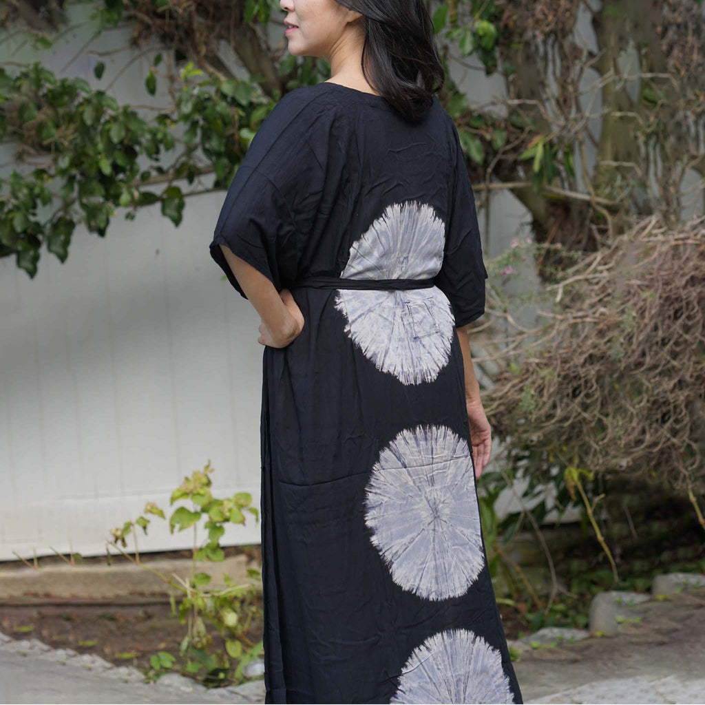 Kaftan Tie Dye Long Dress Shibori Black White Floral Pattern Kasih Co-op