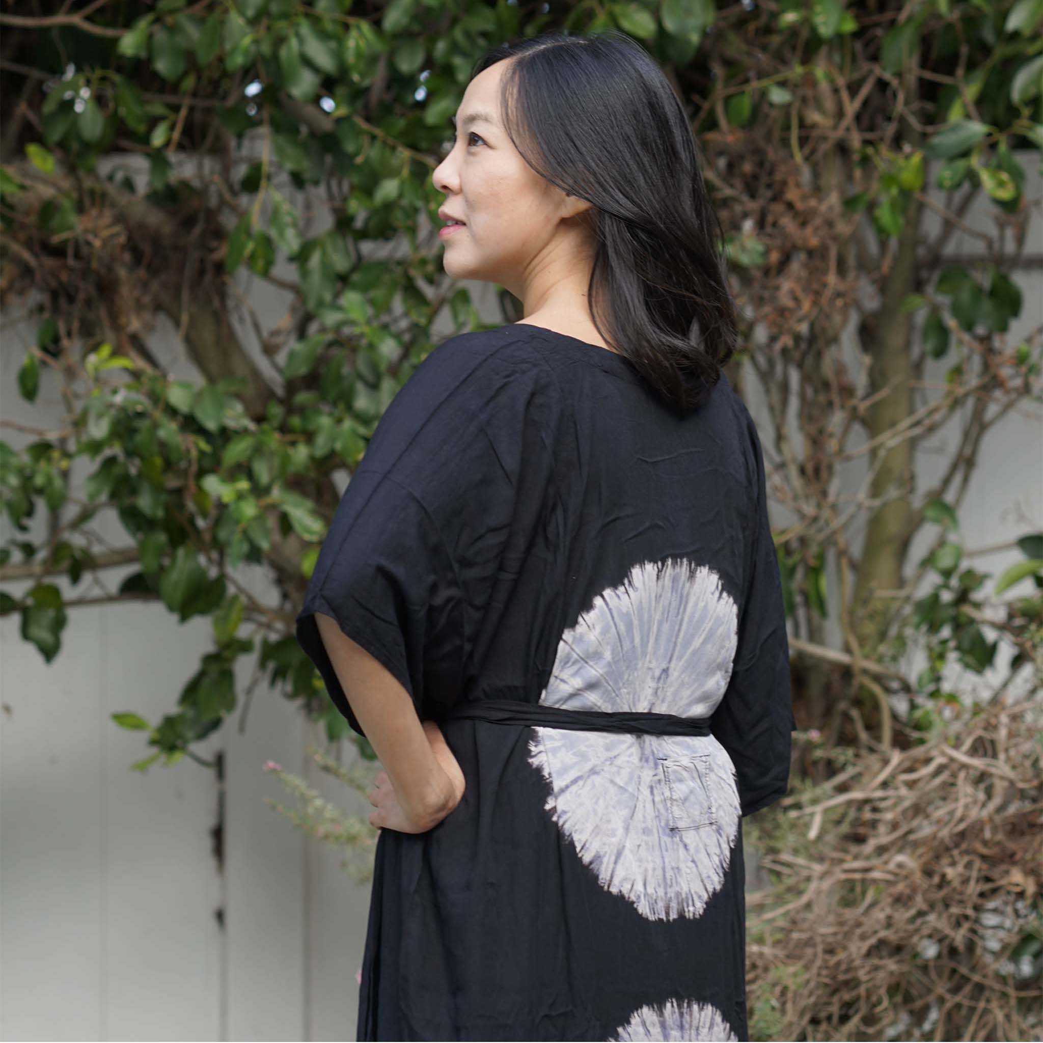 Kaftan Tie Dye Long Dress Shibori Black White Floral Pattern Kasih Co-op