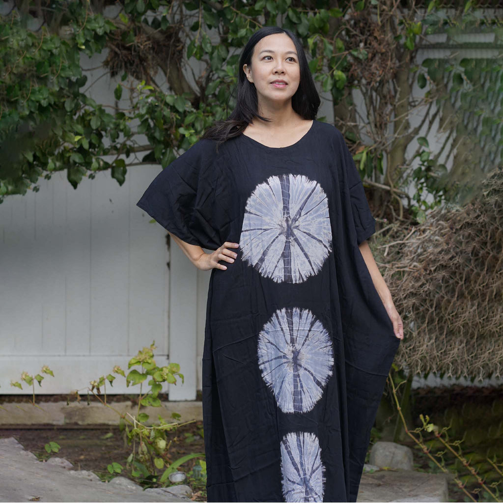 Kaftan Tie Dye Long Dress Shibori Black White Floral Pattern Kasih Co-op