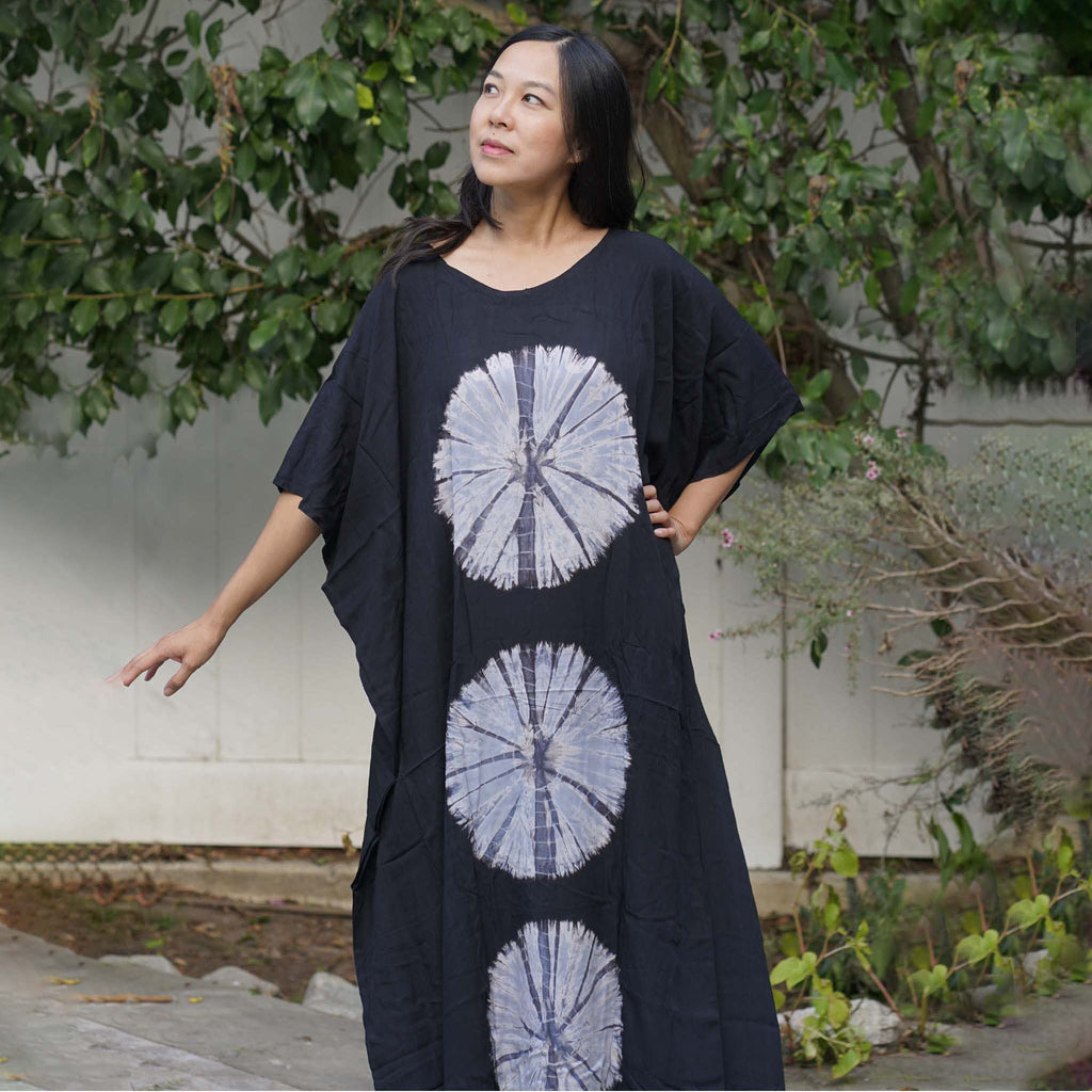 Kaftan Tie Dye Long Dress Shibori Black White Floral Pattern Kasih Co-op